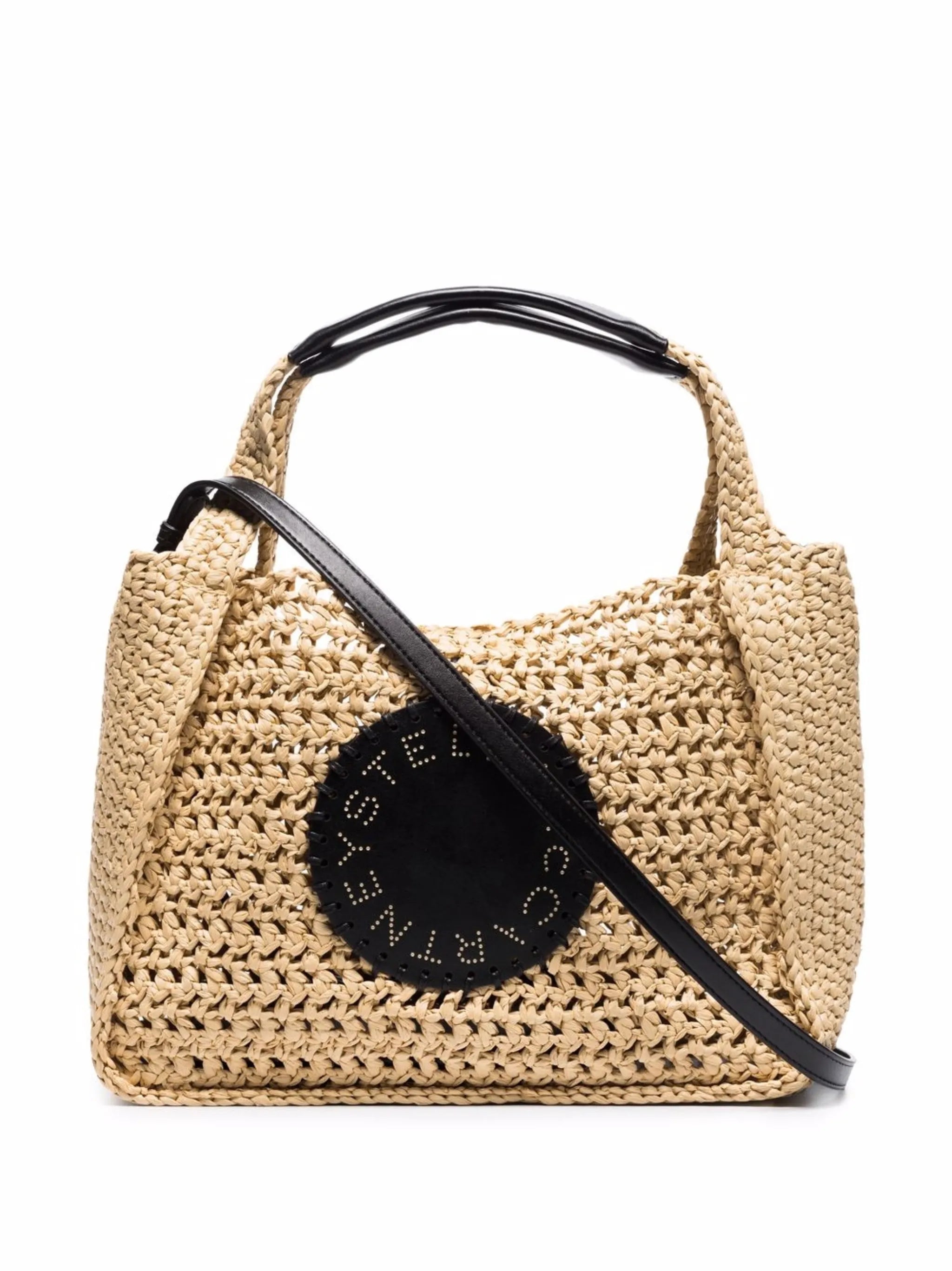 logo-patch woven raffia tote bag