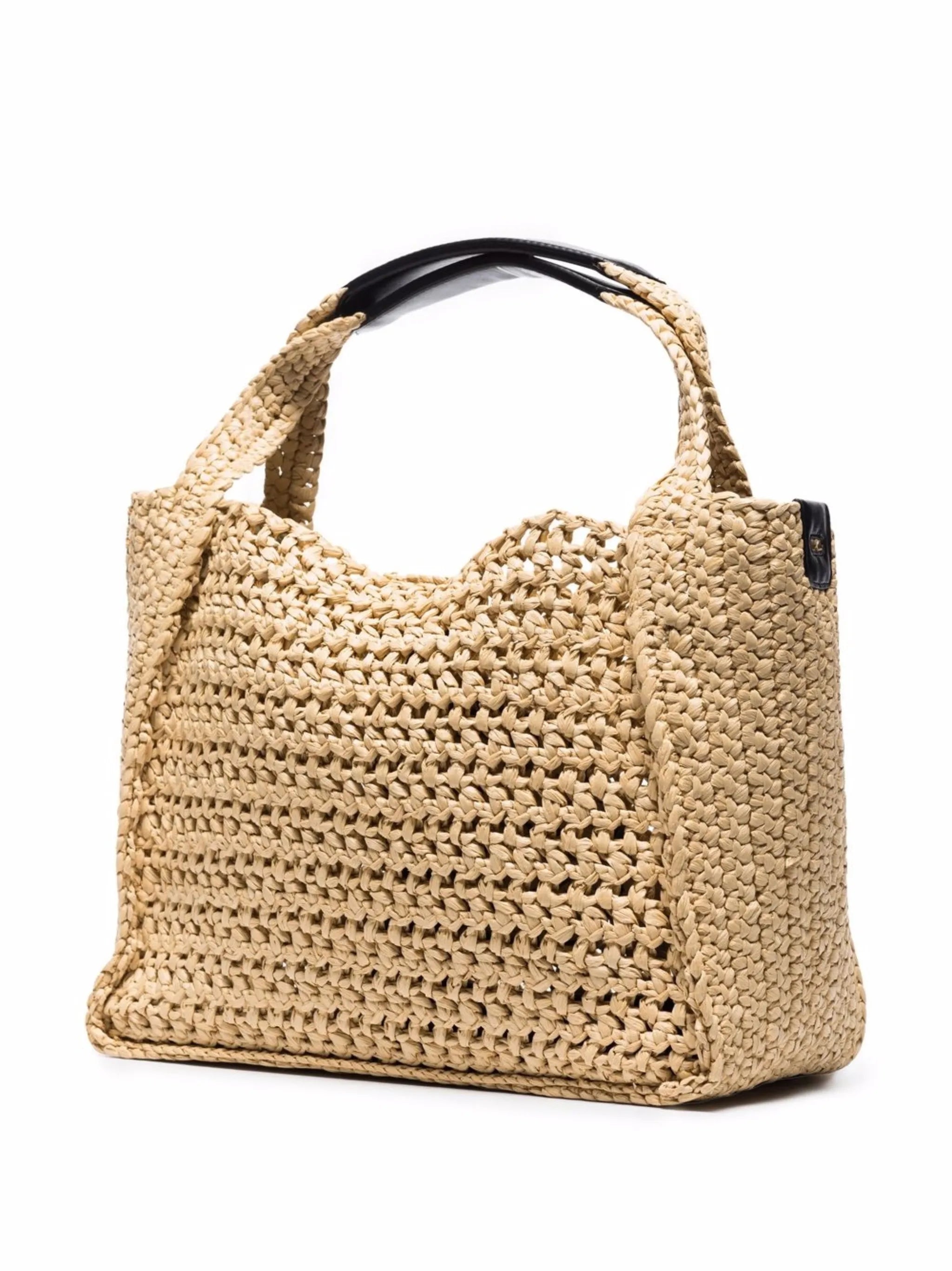 logo-patch woven raffia tote bag