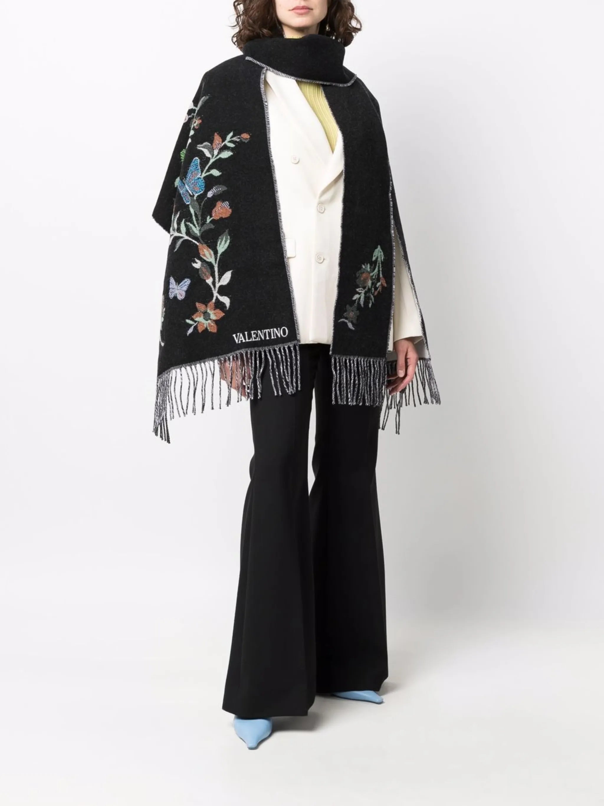 floral-embroidery fringed scarf