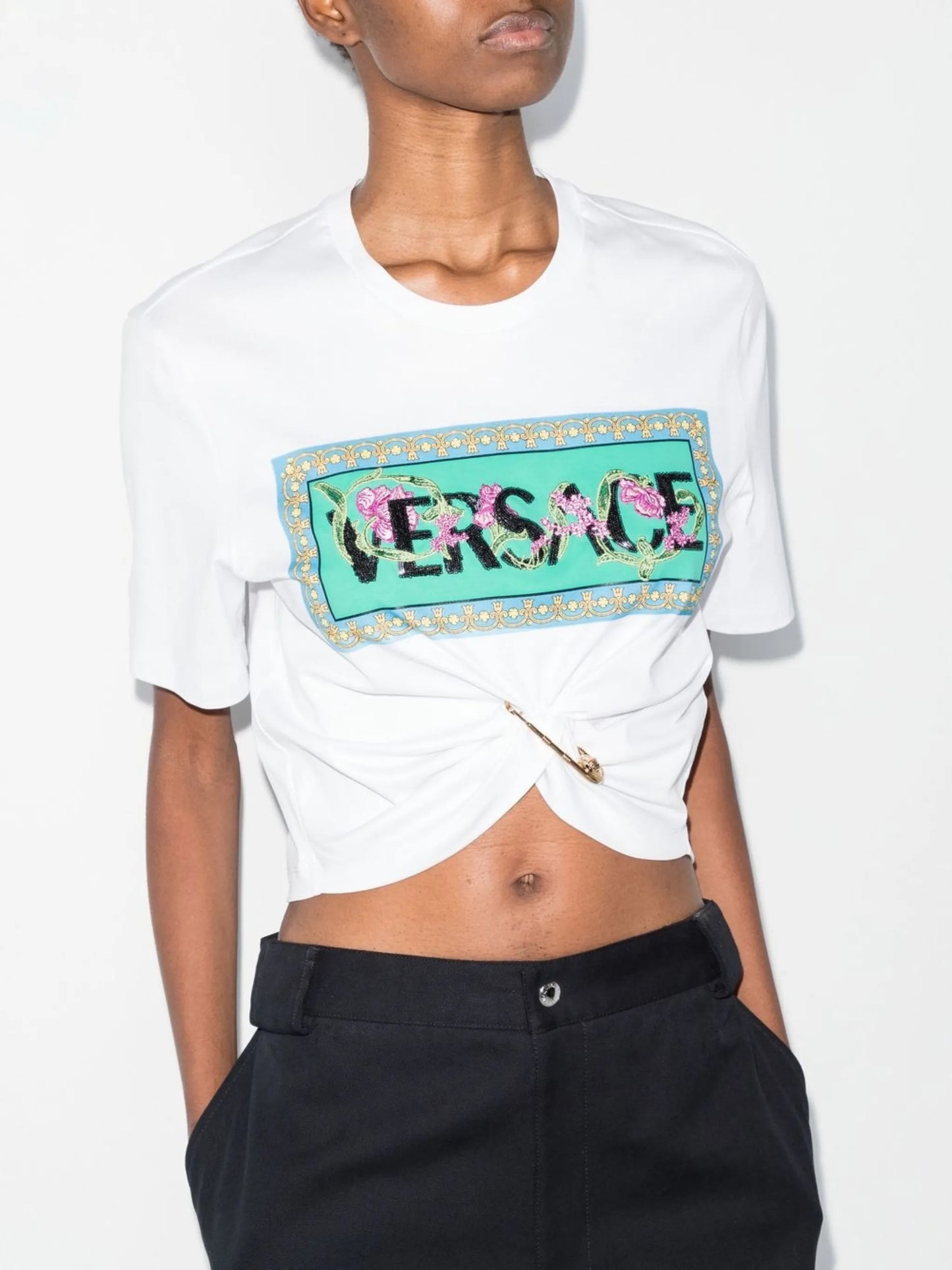 safety-pin knot cropped T-shirt