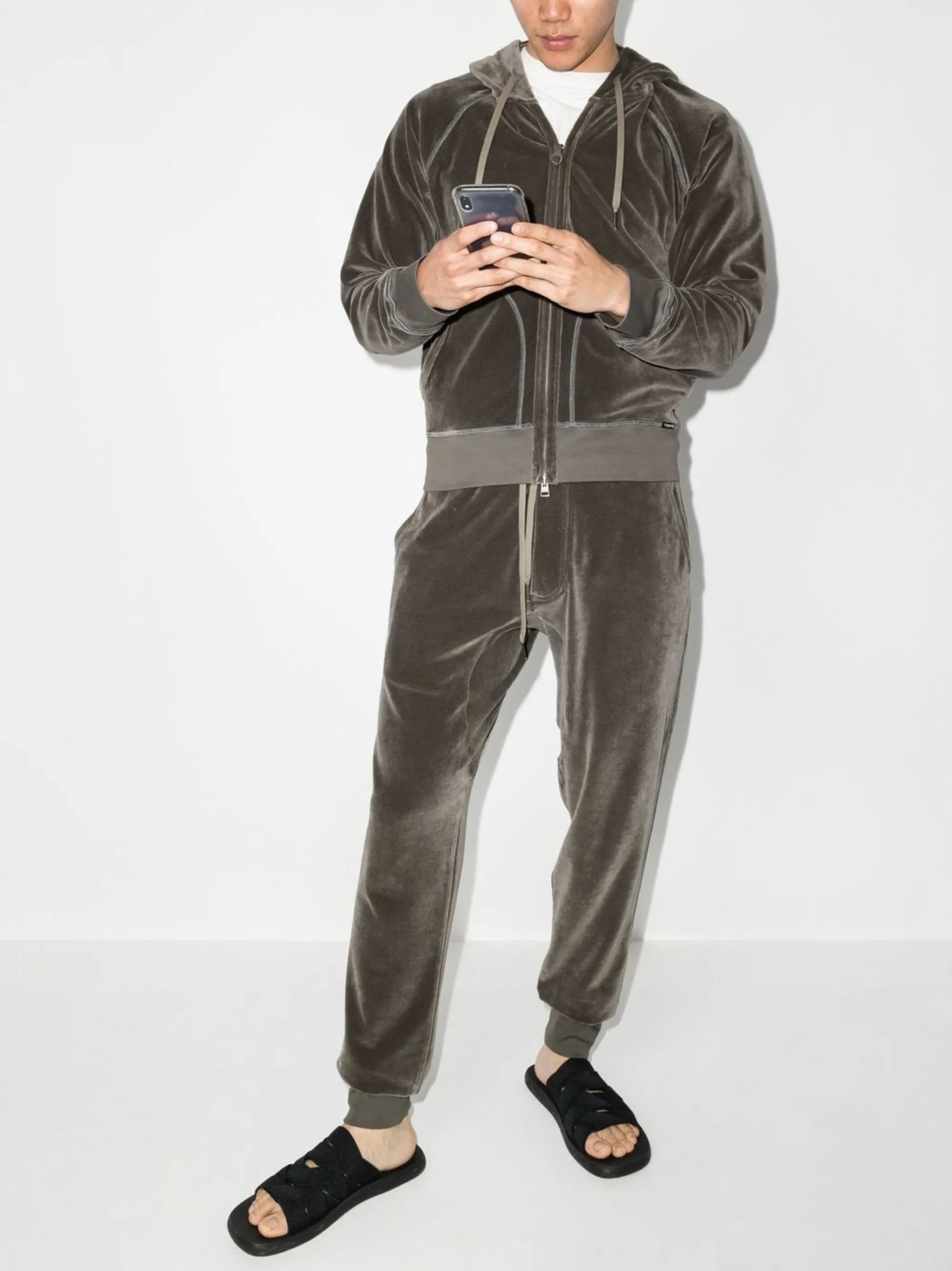 velour zip-fastening hoodie