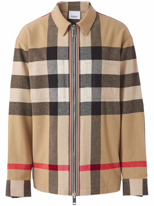 check wool-cotton zip-front shirt