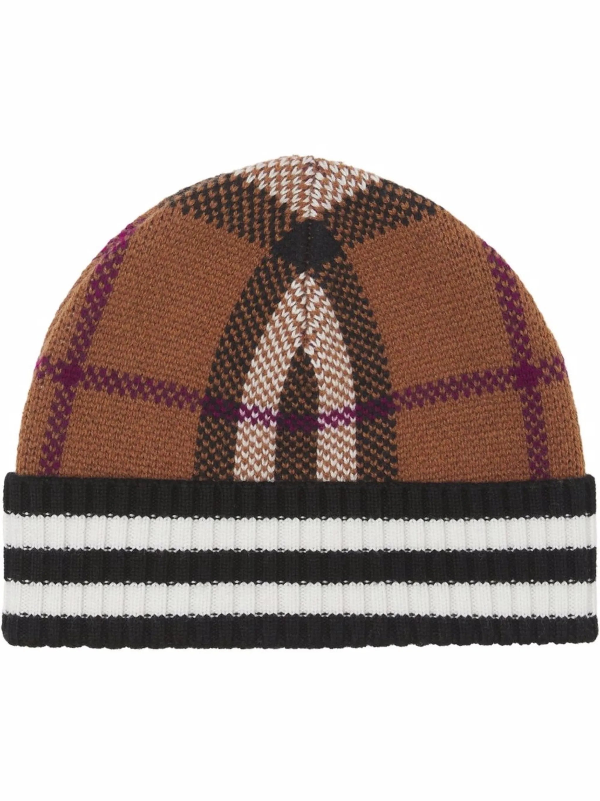 check-pattern cashmere beanie hat