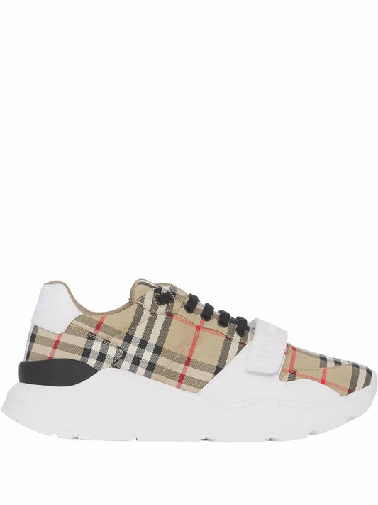 Check, suede and leather sneakers
