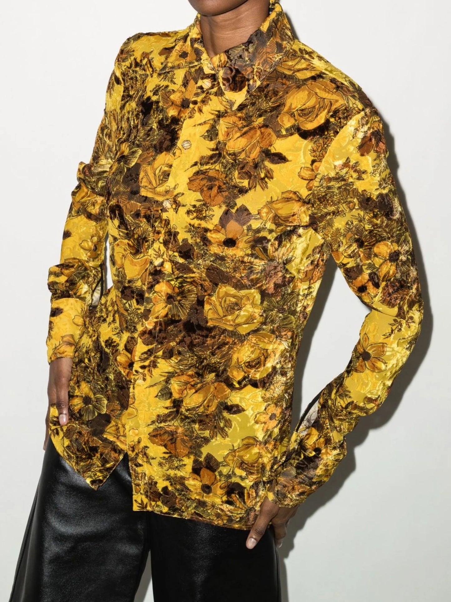 floral-print button-up shirt