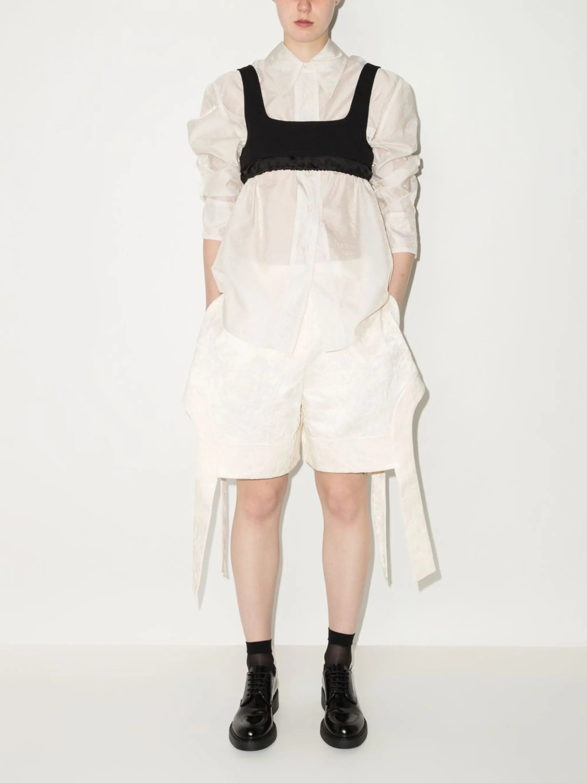 floral-embroidered draped shorts