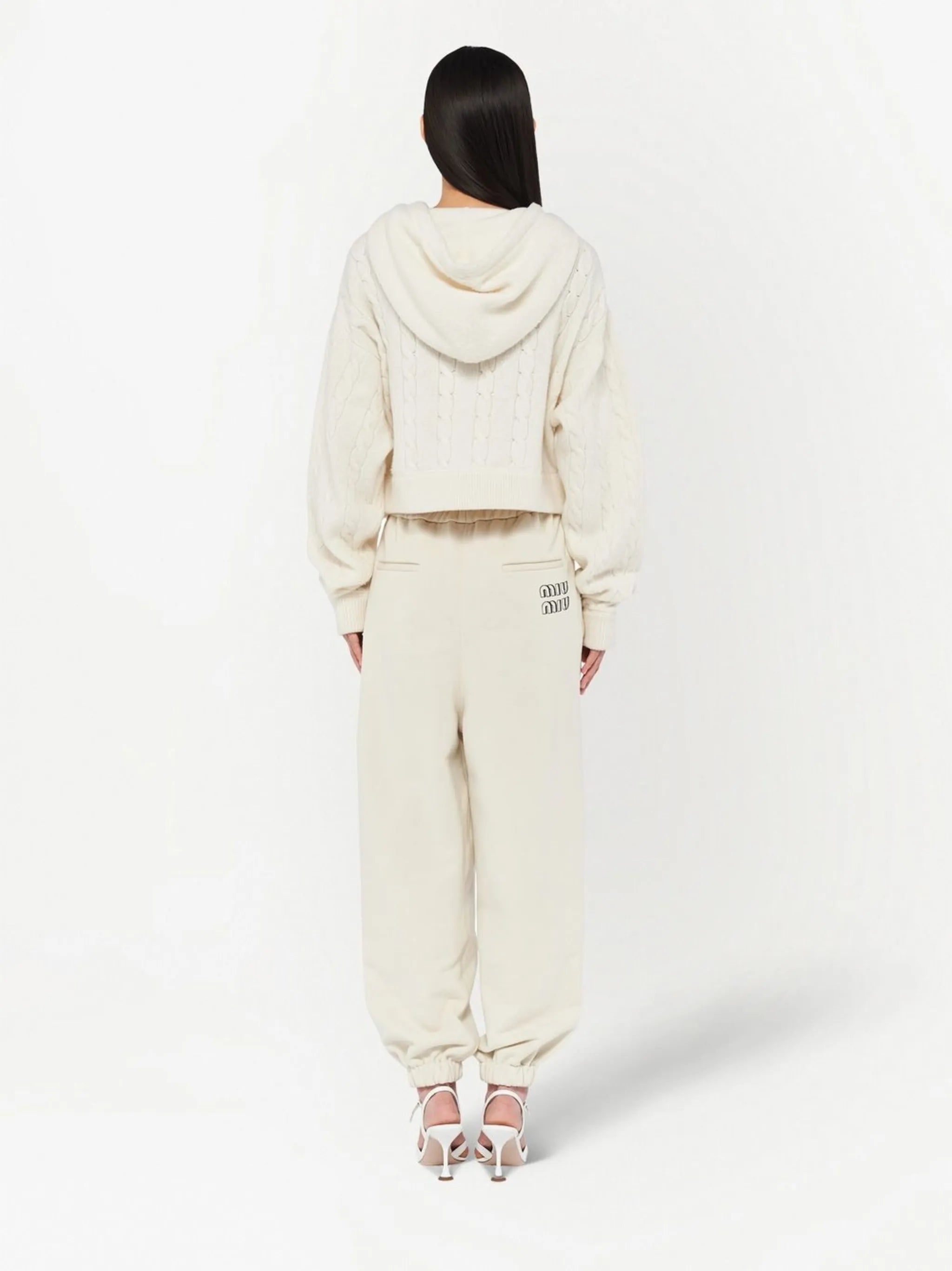 embroidered-logo cable-knit hoodie