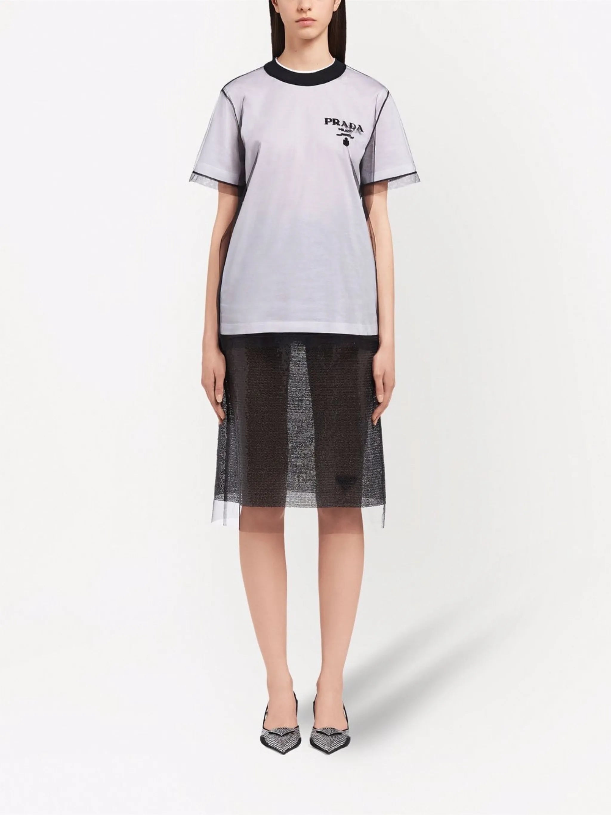 logo-embroidered tulle jersey T-shirt