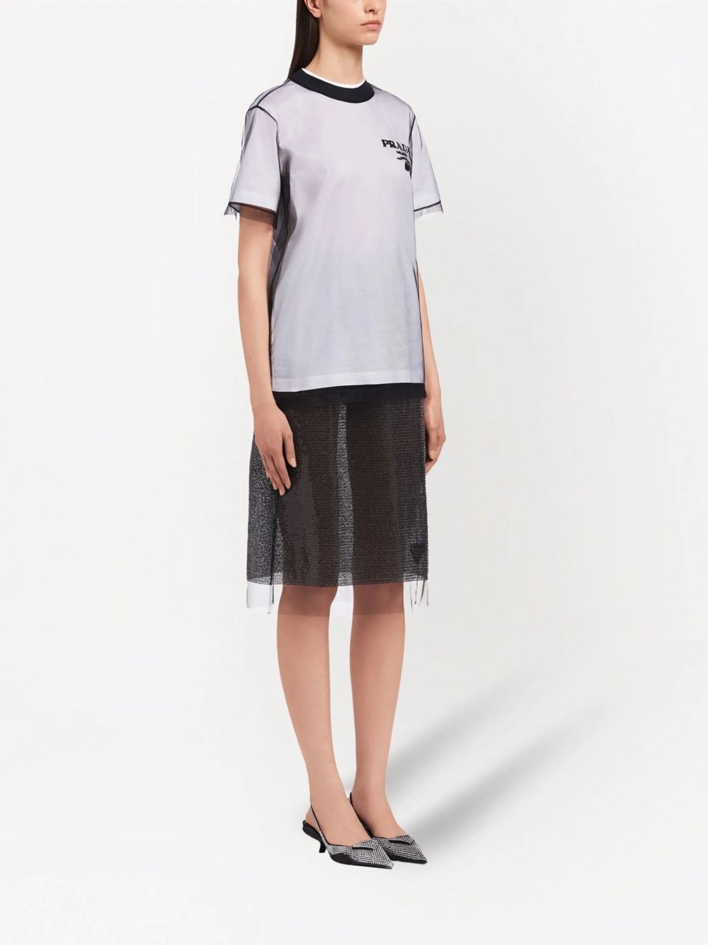 logo-embroidered tulle jersey T-shirt
