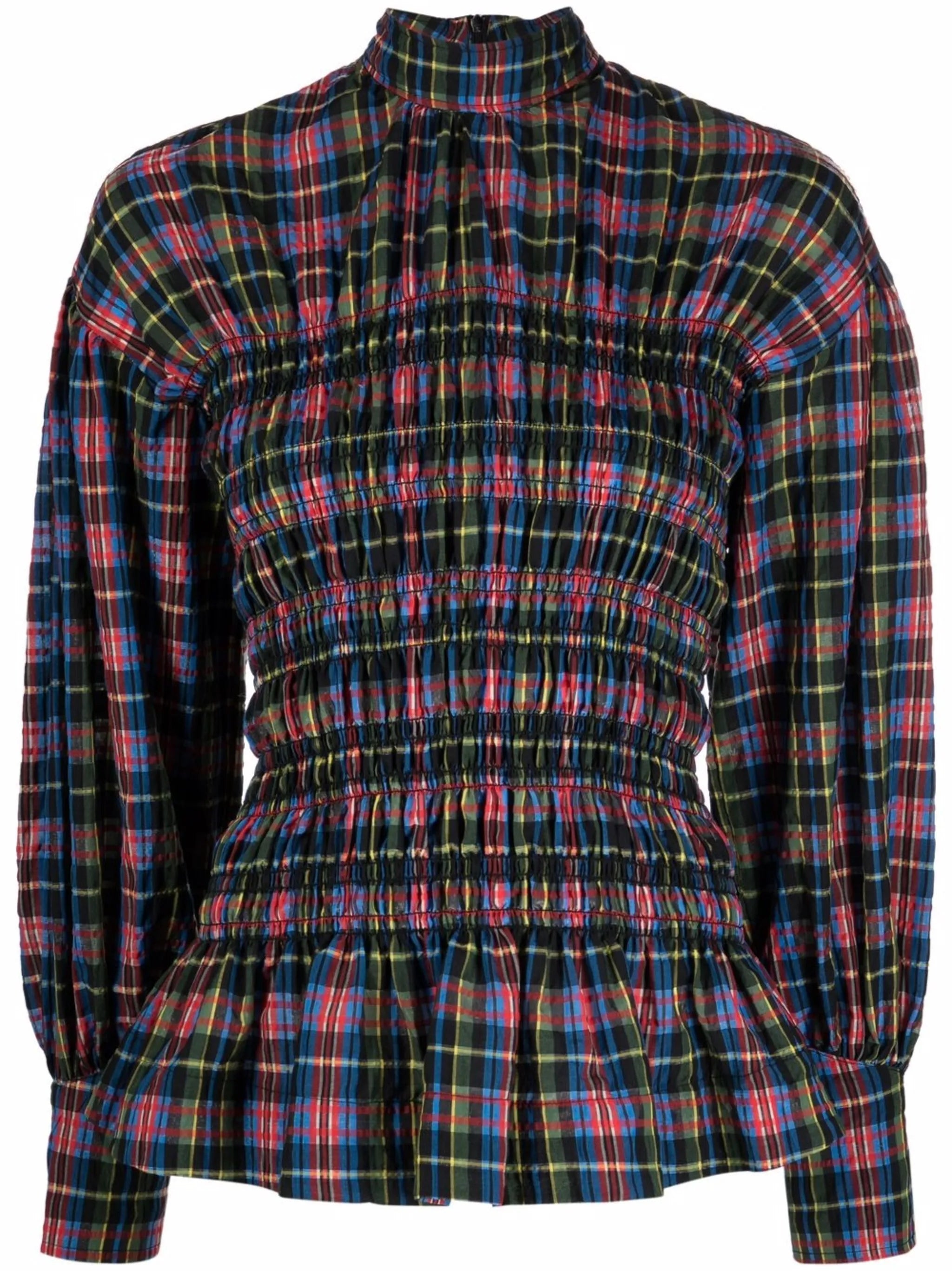 check-pattern ruched blouse