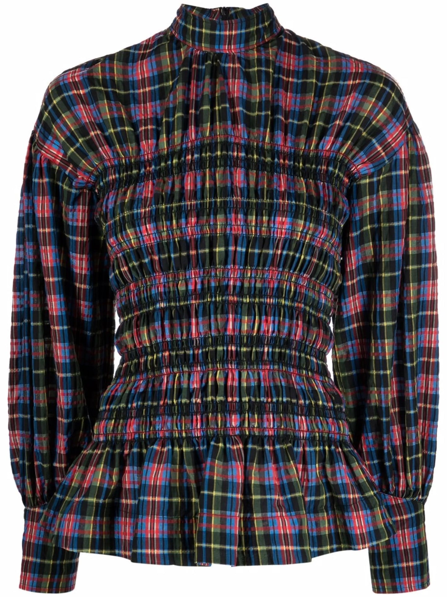 check-pattern ruched blouse
