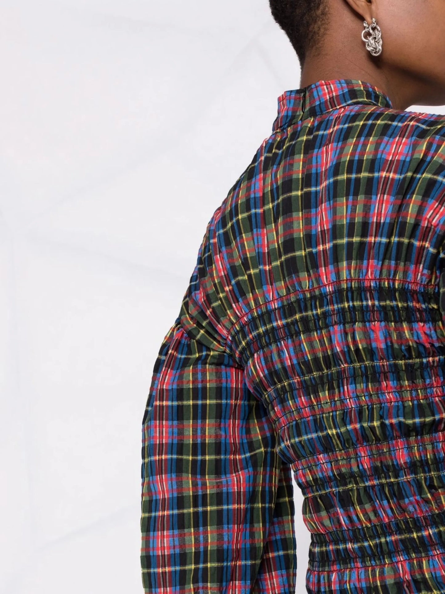 check-pattern ruched blouse