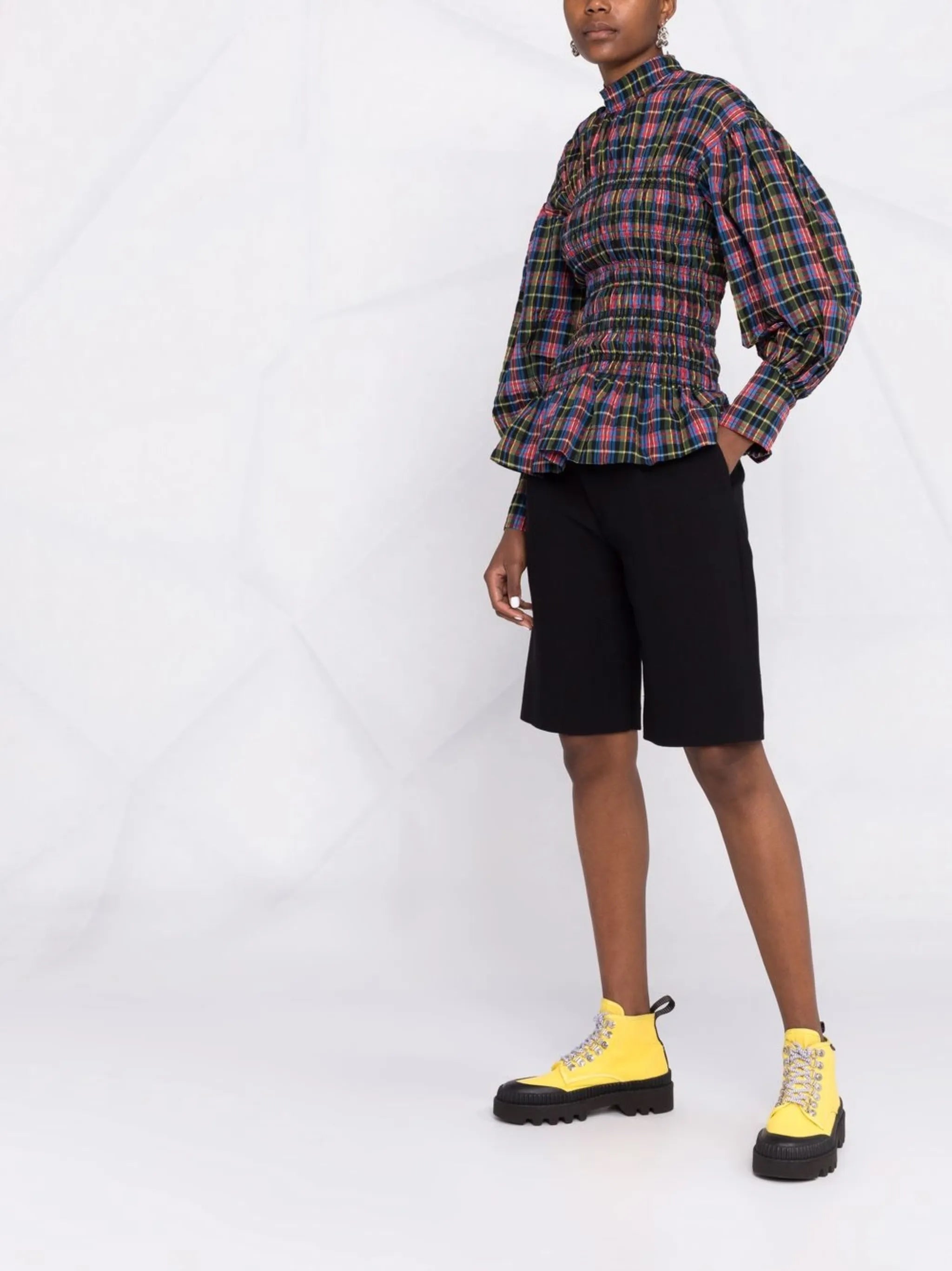 check-pattern ruched blouse