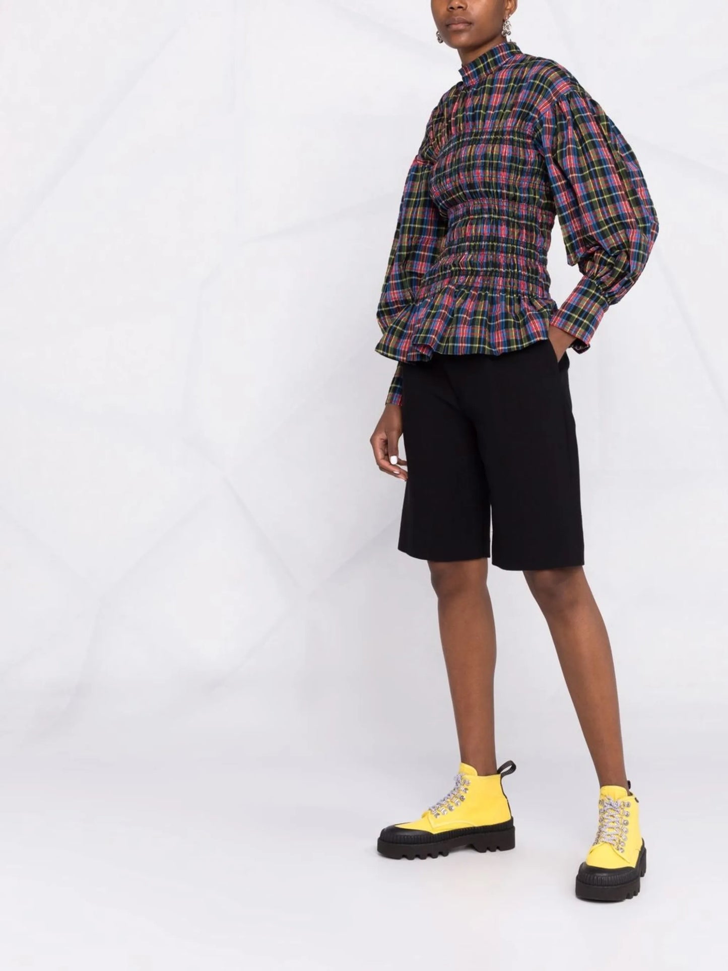 check-pattern ruched blouse