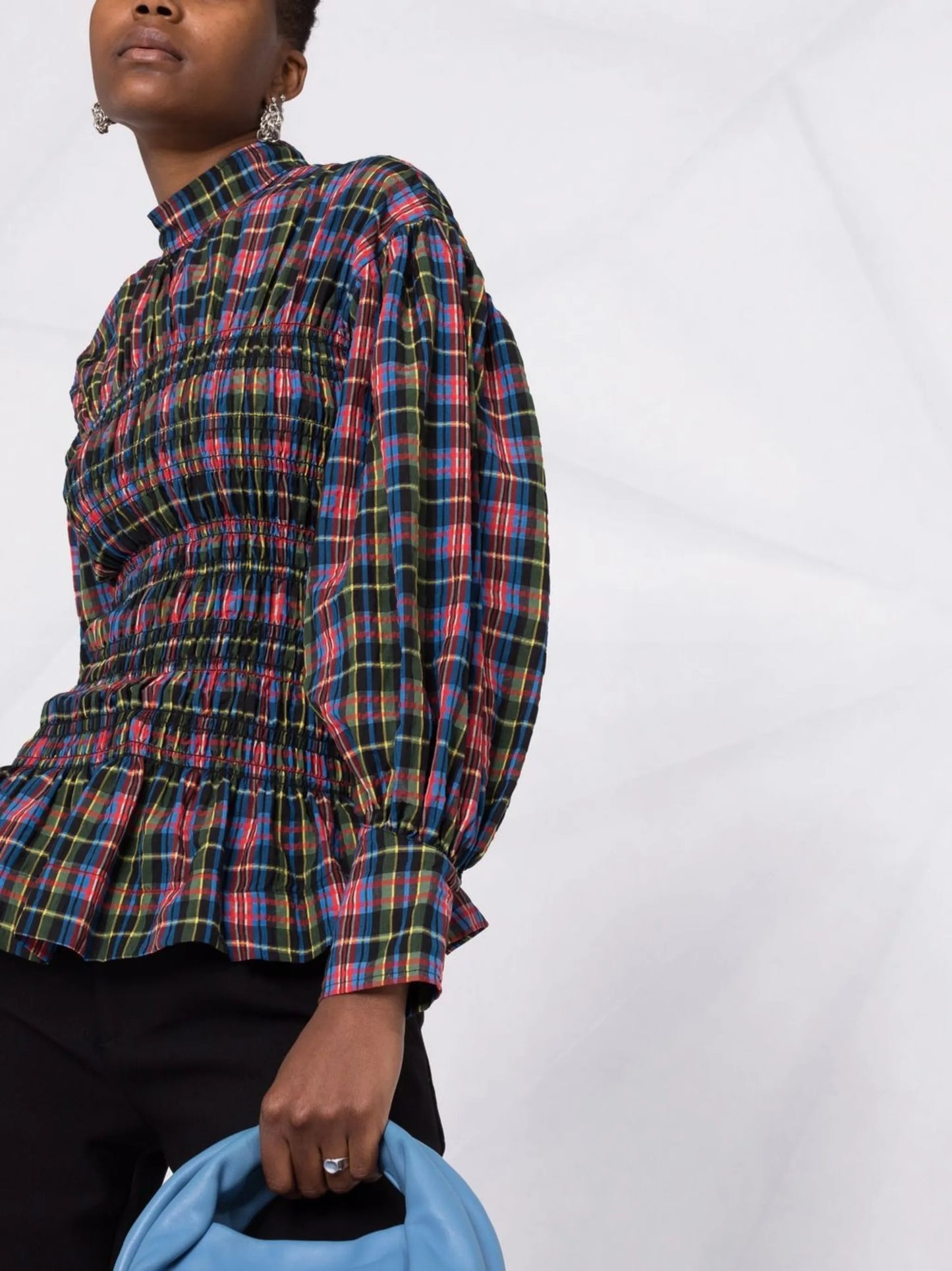 check-pattern ruched blouse