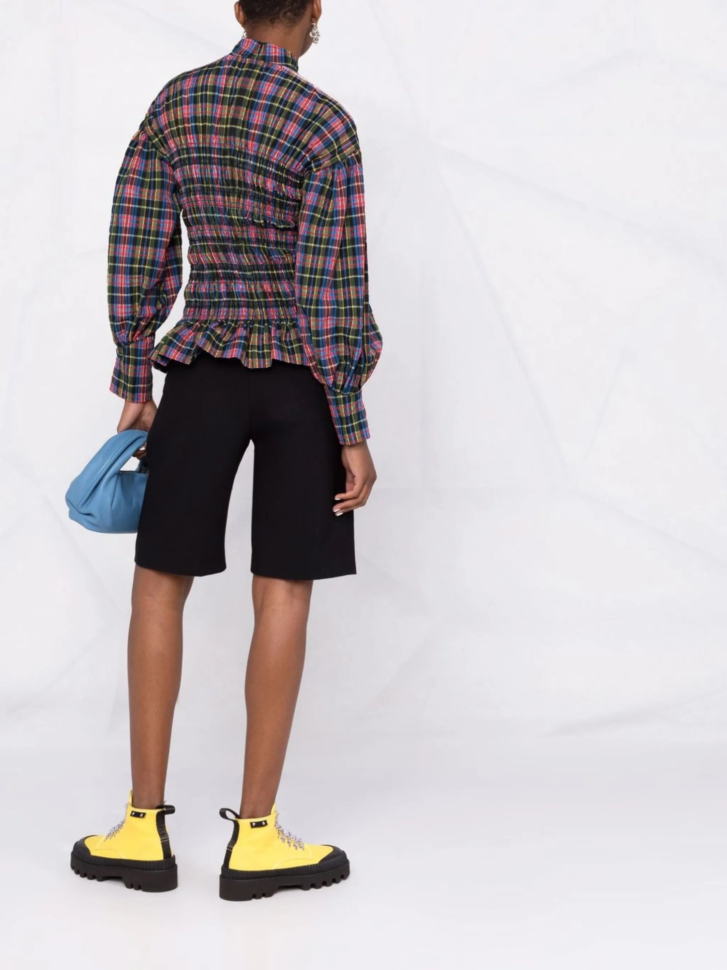 check-pattern ruched blouse