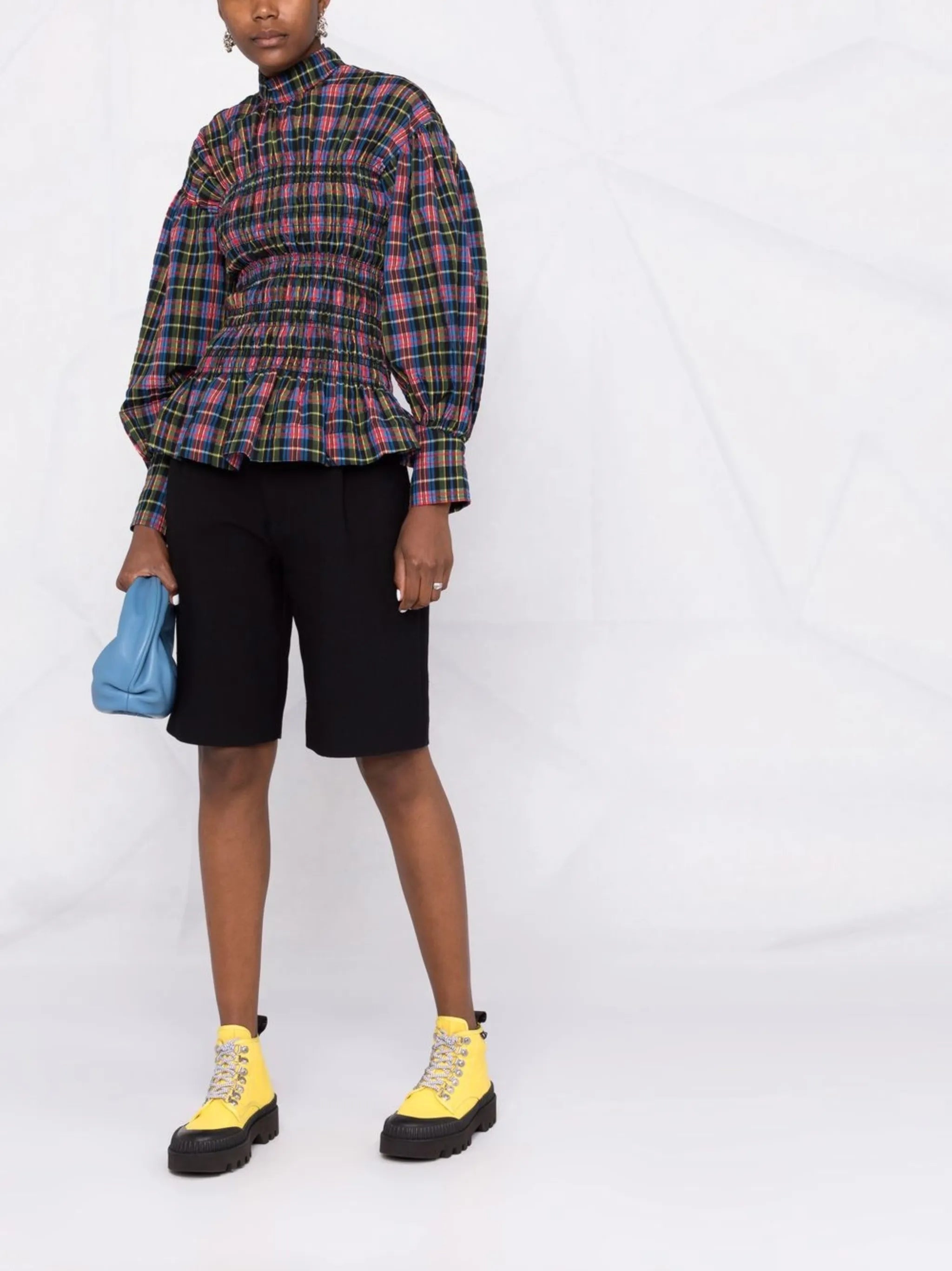 check-pattern ruched blouse