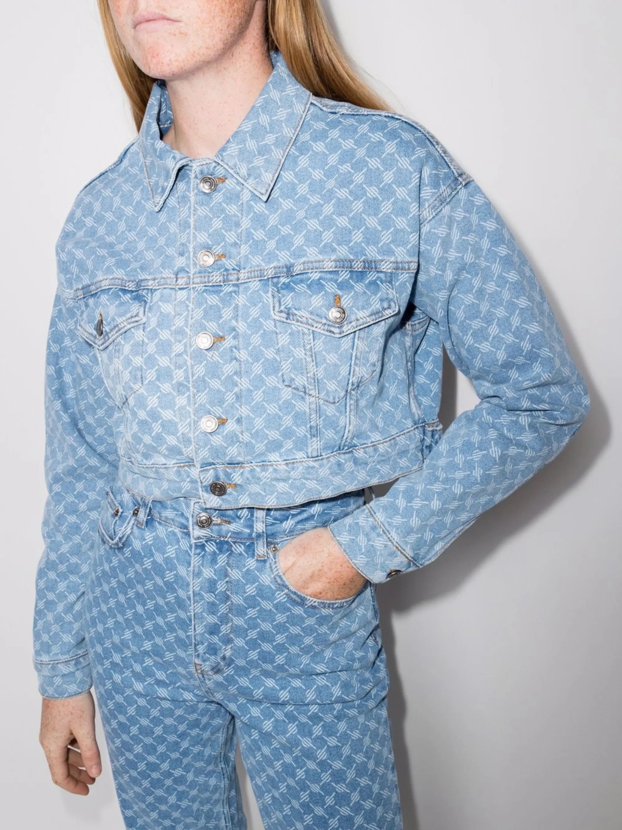 monogram-print cropped denim jacket