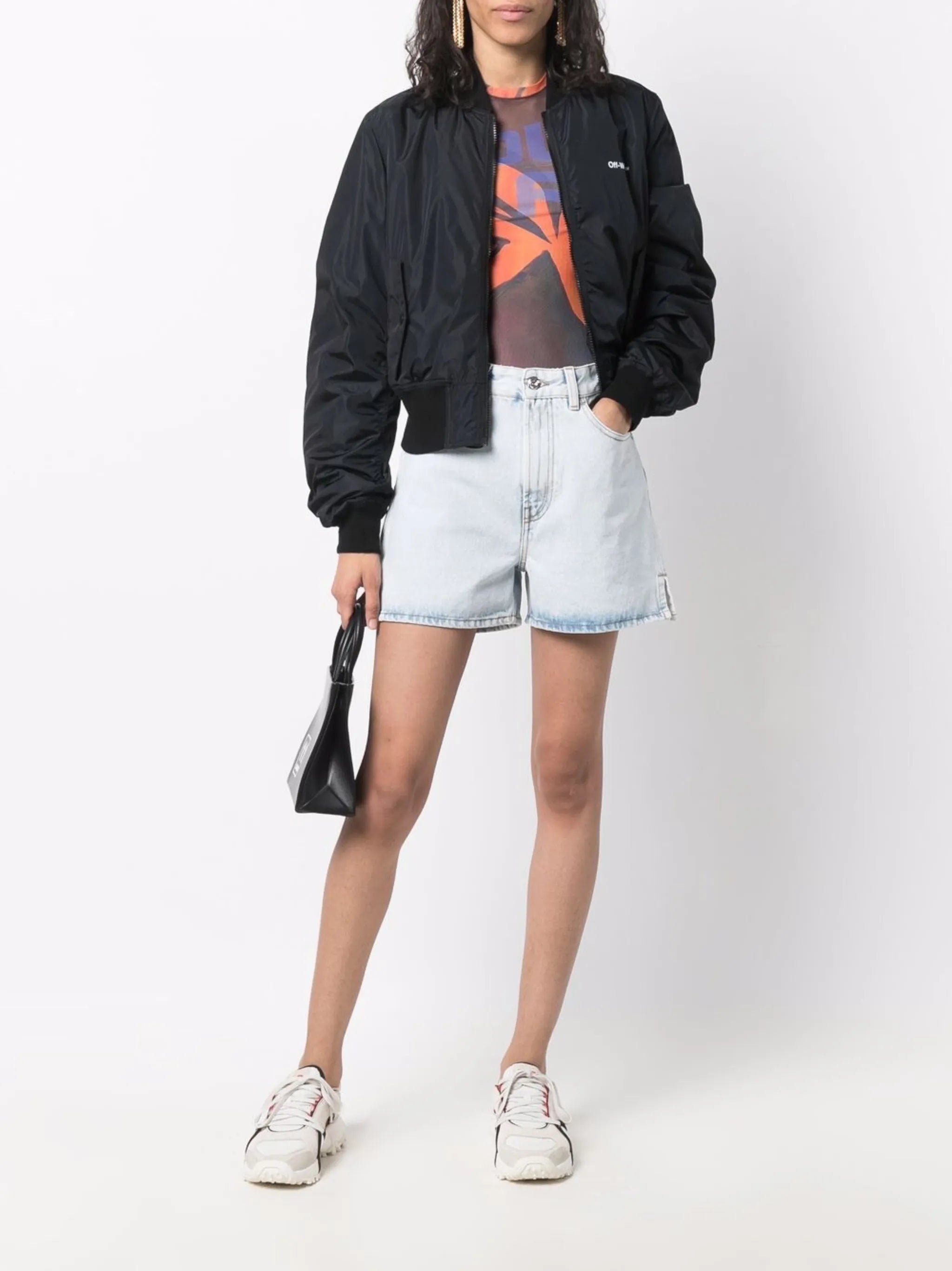 Diag-print denim shorts