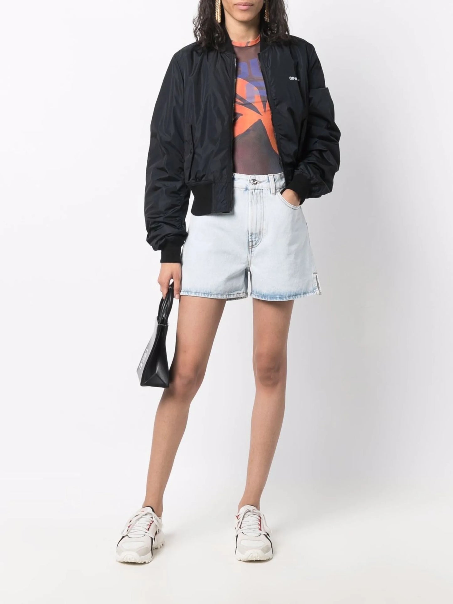 Diag-print denim shorts