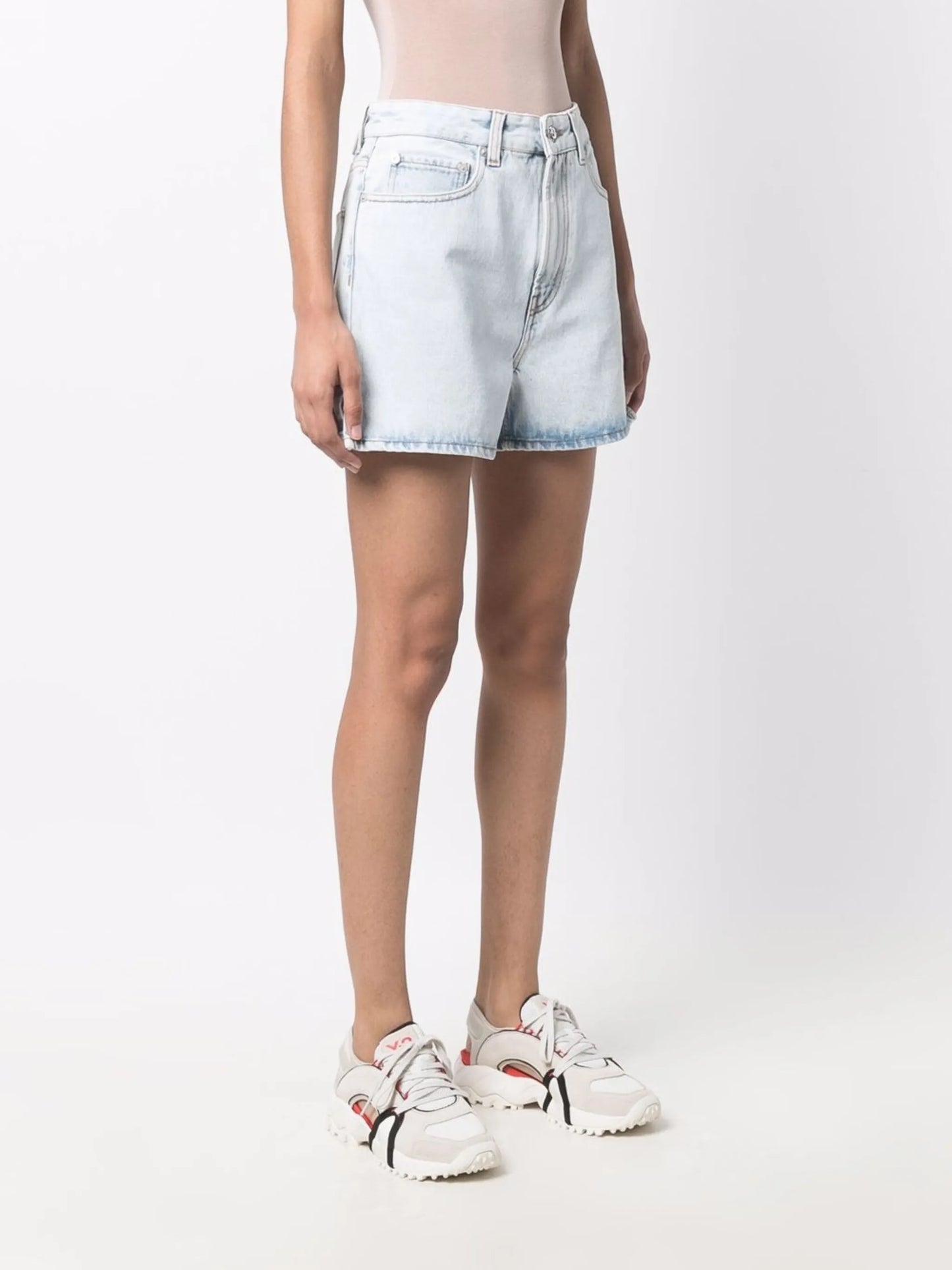 Diag-print denim shorts