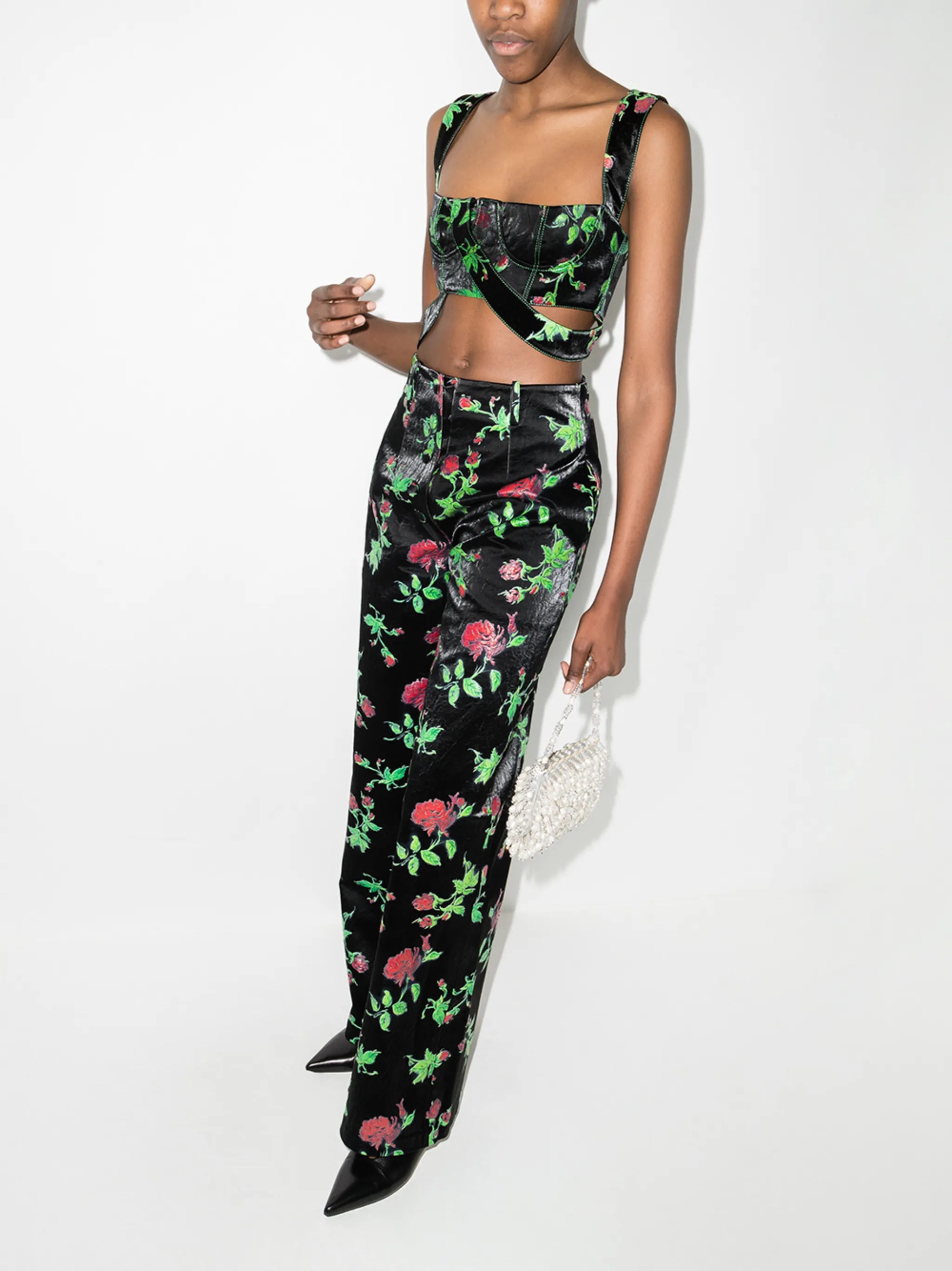 rose-print bustier cropped top