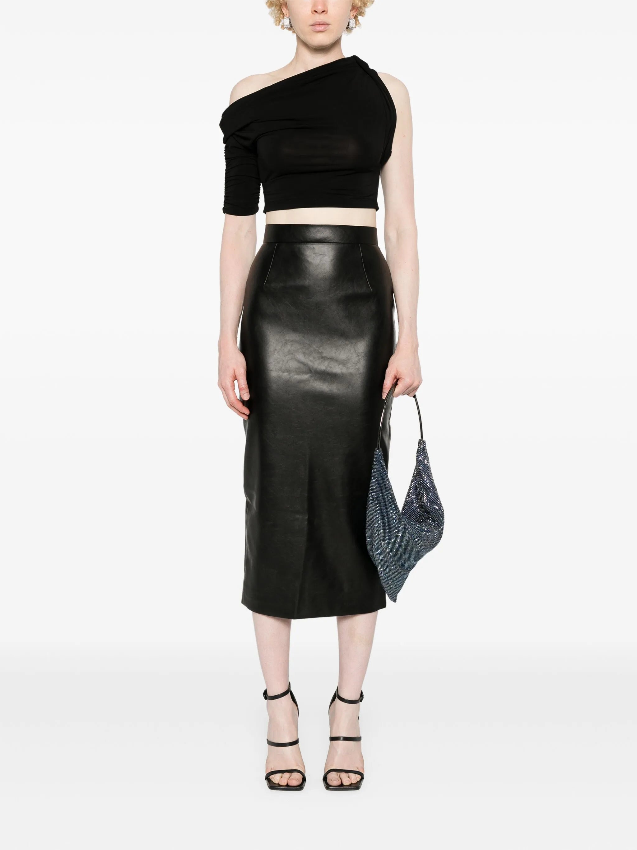high-waisted midi pencil skirt