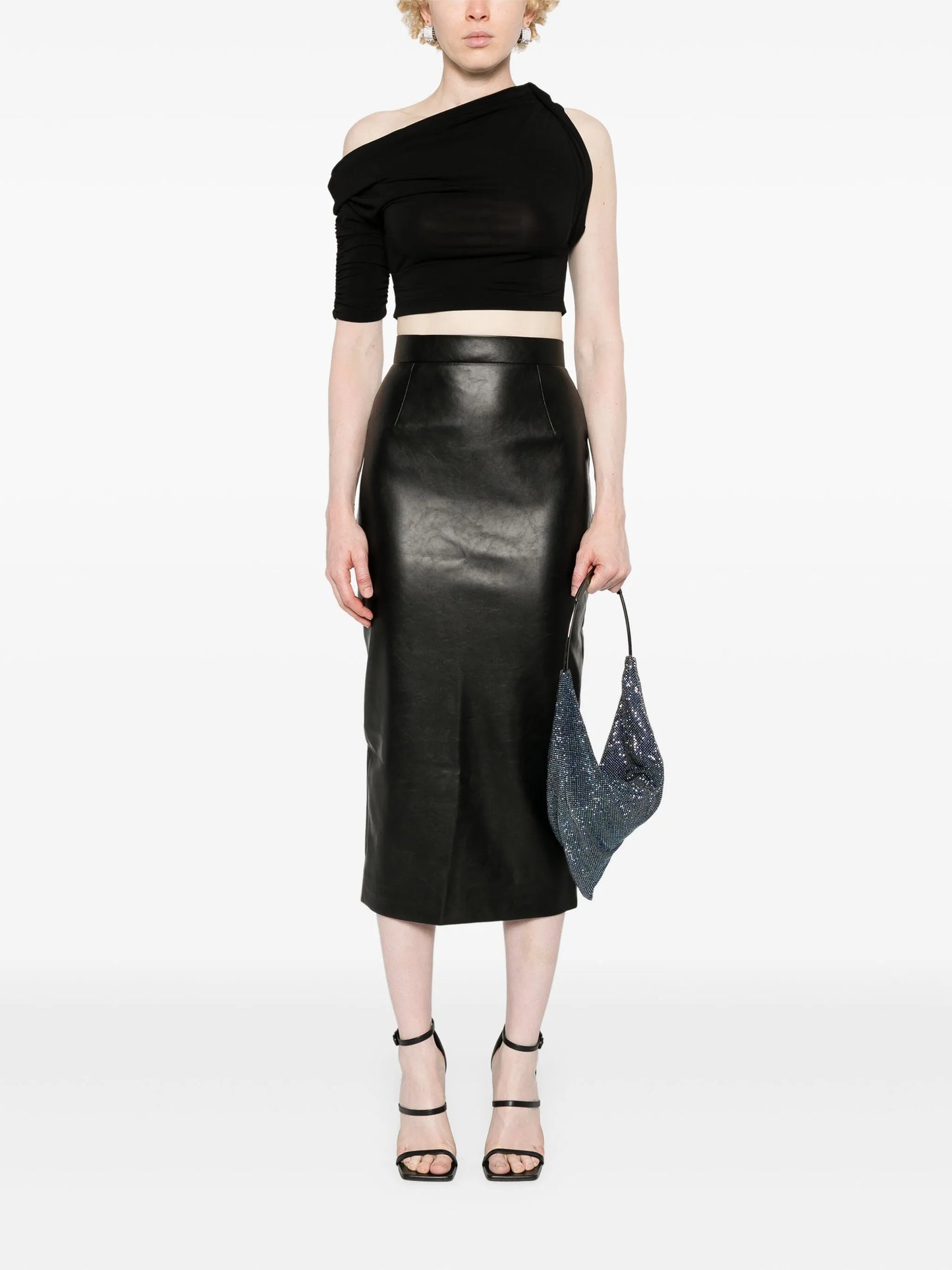 high-waisted midi pencil skirt