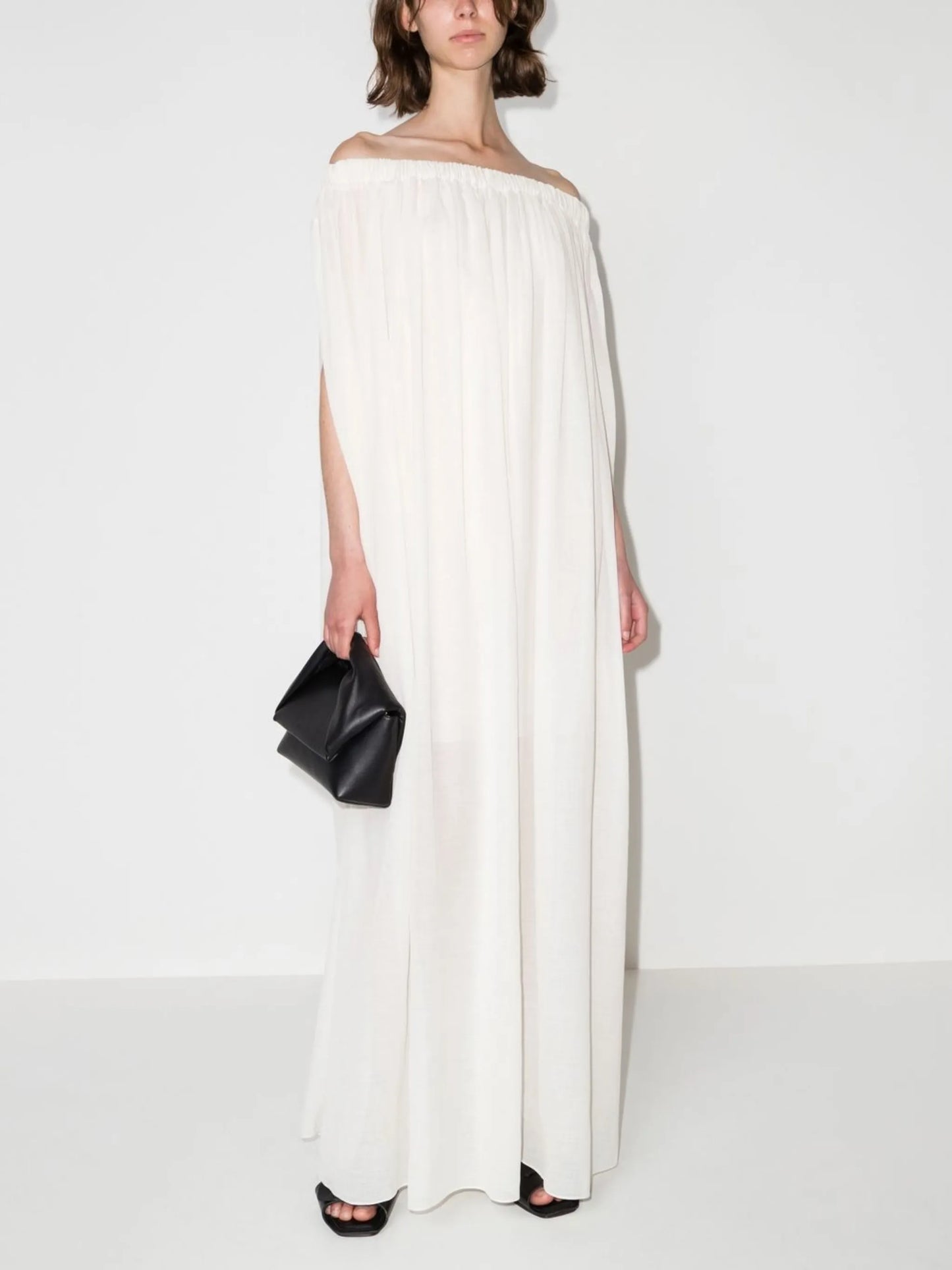off-shoulder ruched gown