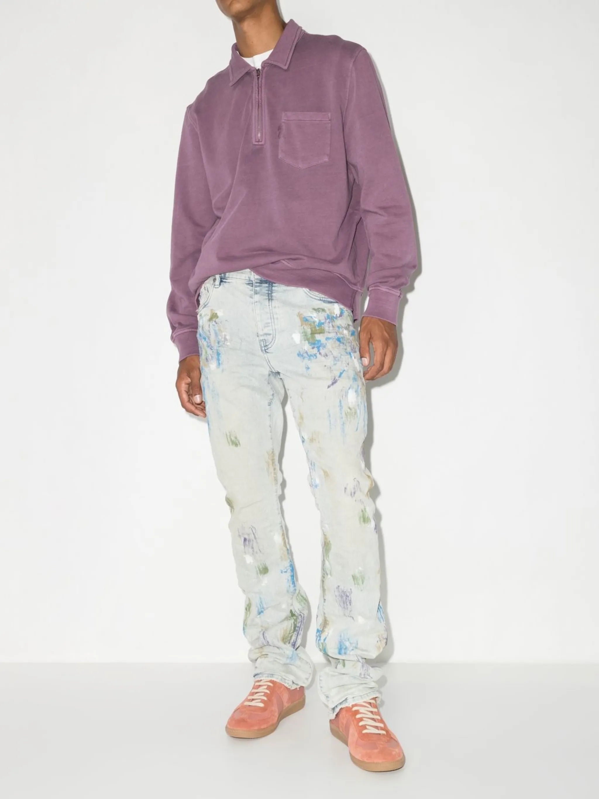 paint-splatter bootcut jeans