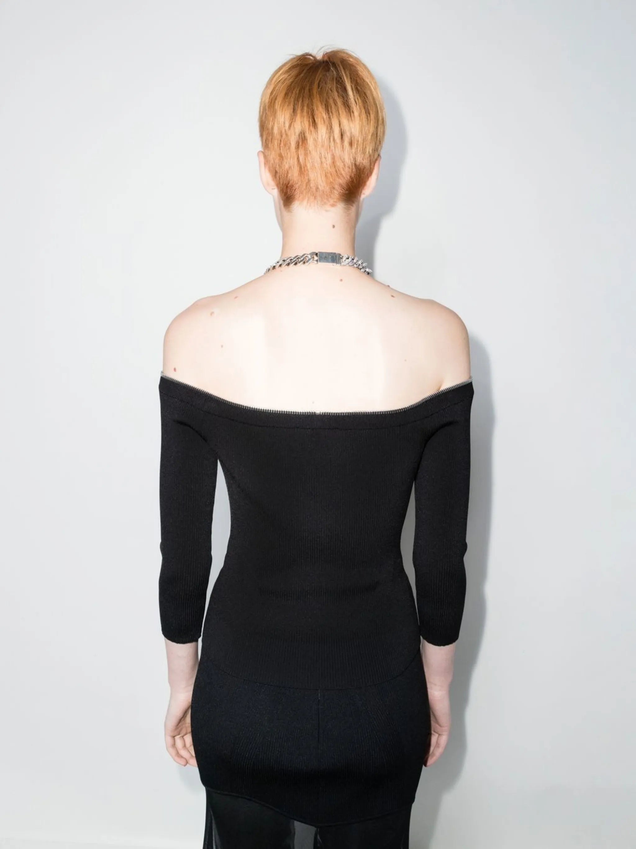 front-zip off-shoulder top