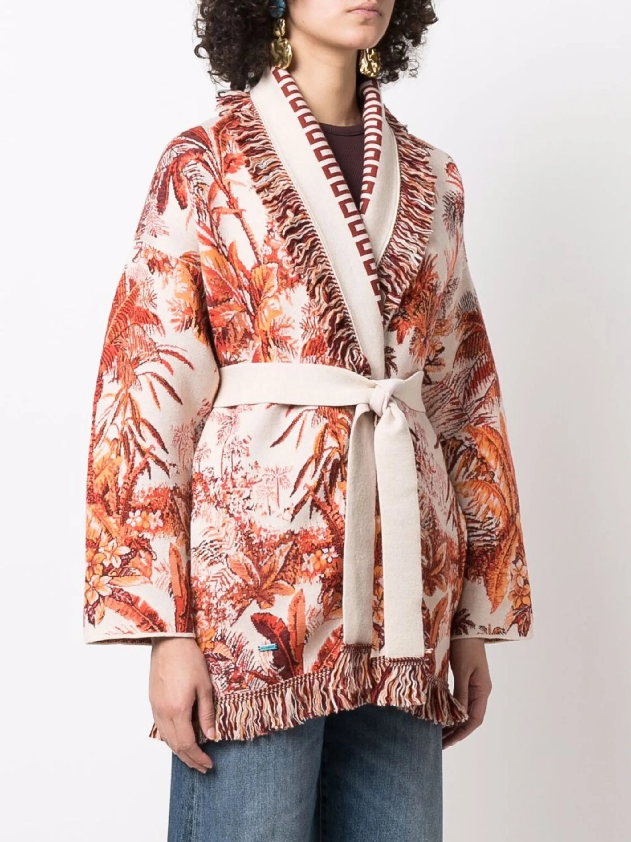 belted intarsia-knit cardigan