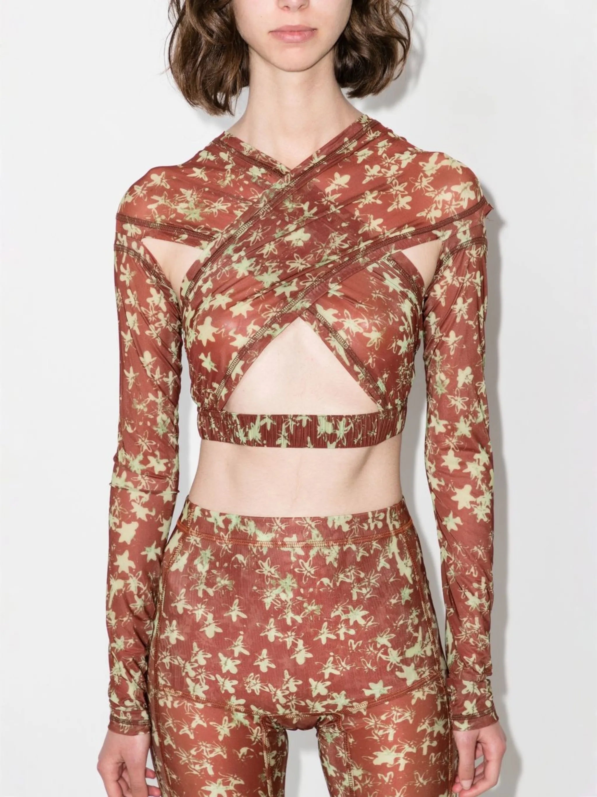 graphic-print crossover-wrap cropped top