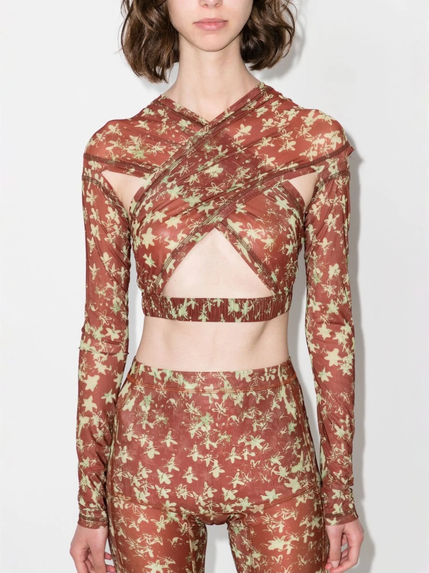 graphic-print crossover-wrap cropped top