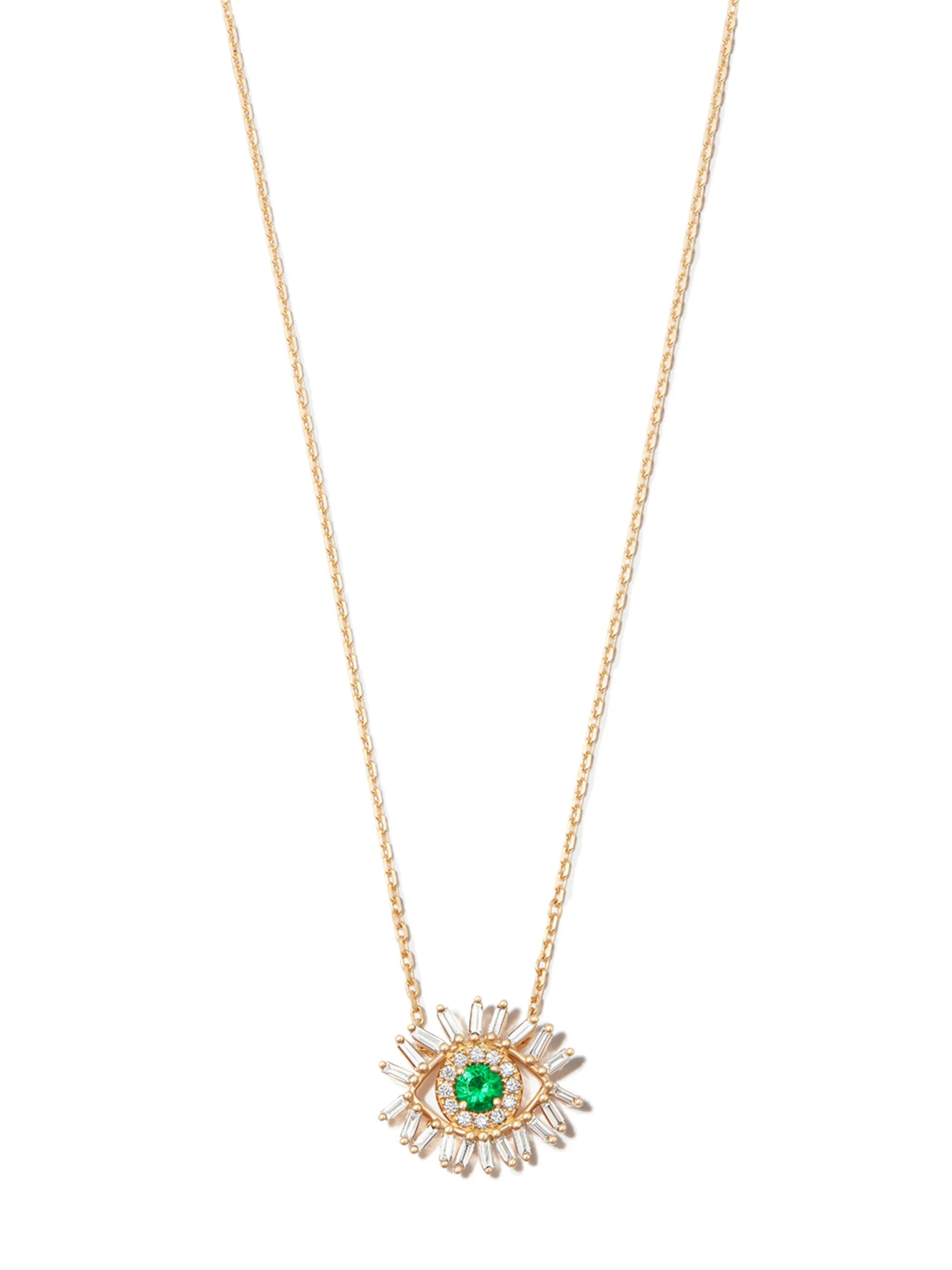18kt yellow gold Mini Evil Eye diamond and emerald necklace