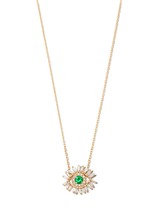18kt yellow gold Mini Evil Eye diamond and emerald necklace