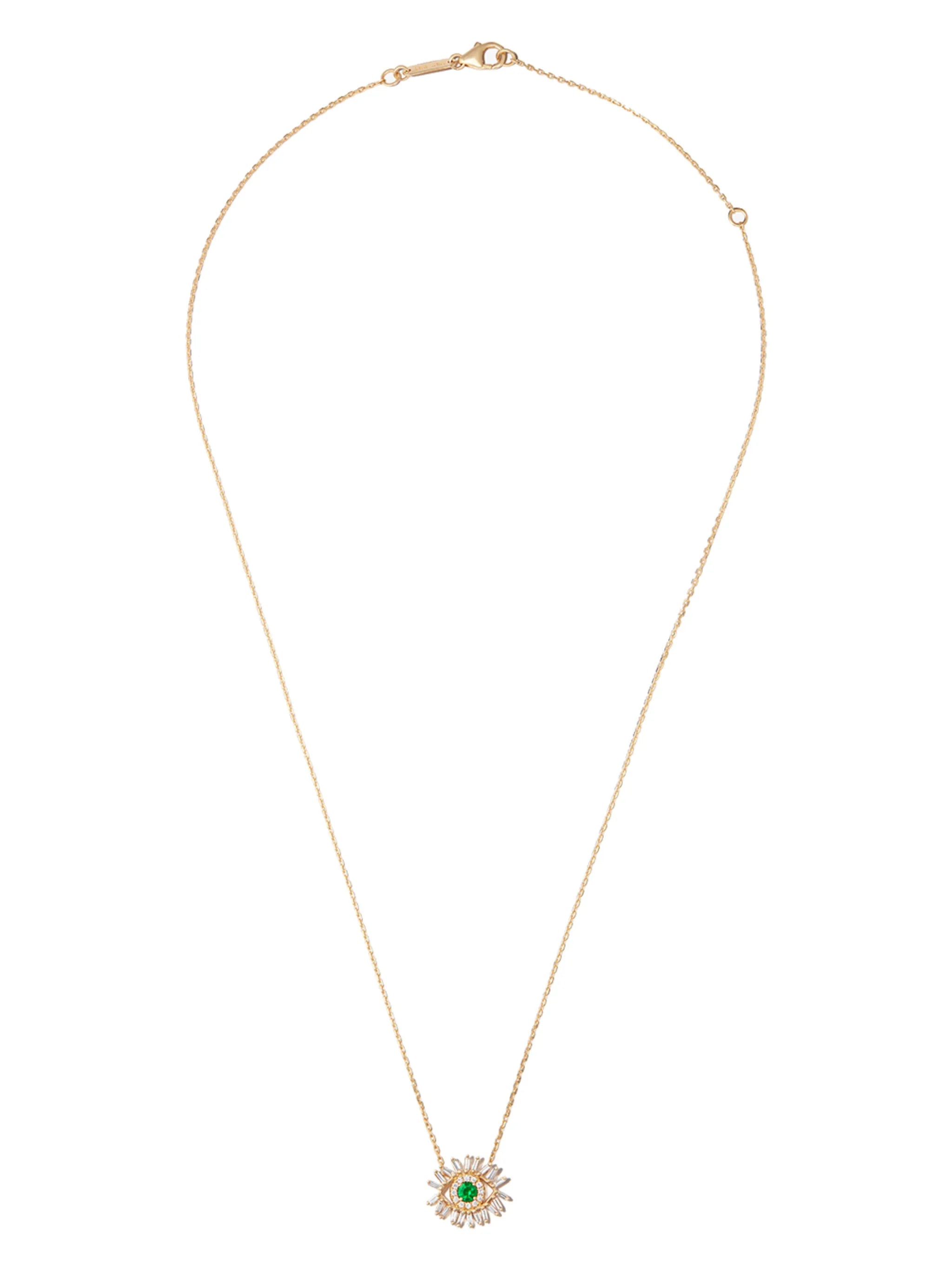 18kt yellow gold Mini Evil Eye diamond and emerald necklace