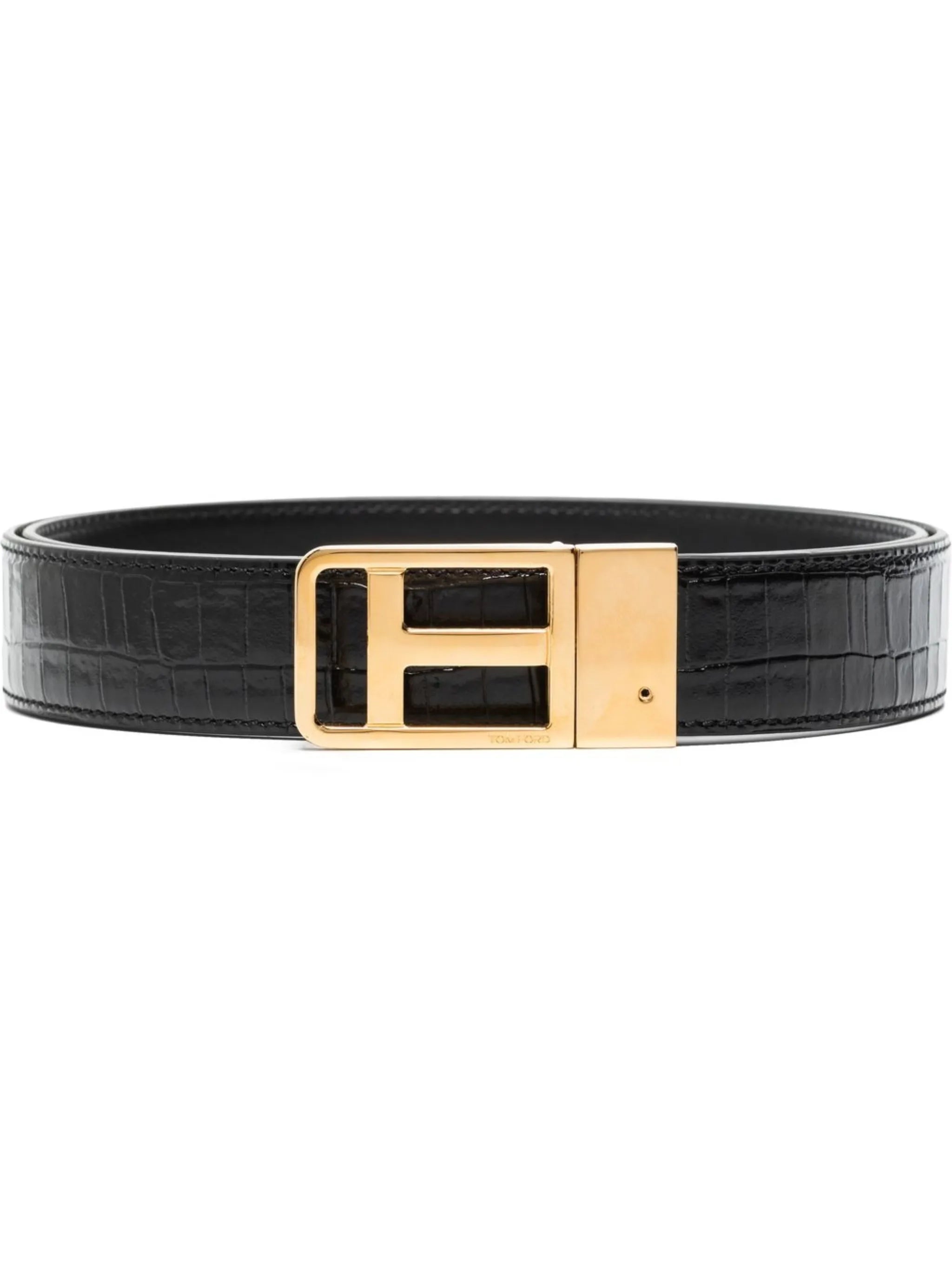 T buckle crocodile-embossed belt