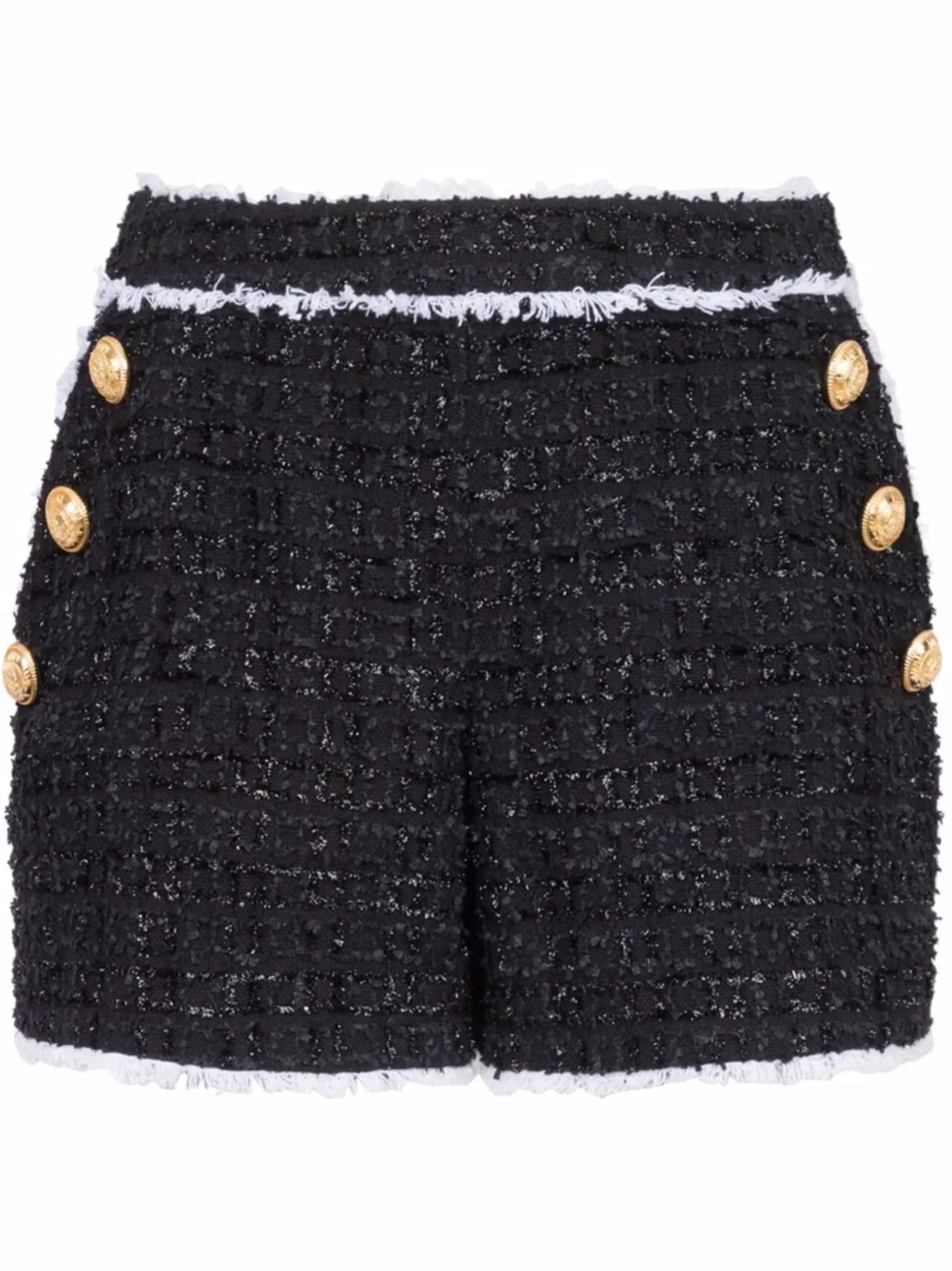 high-waisted tweed shorts