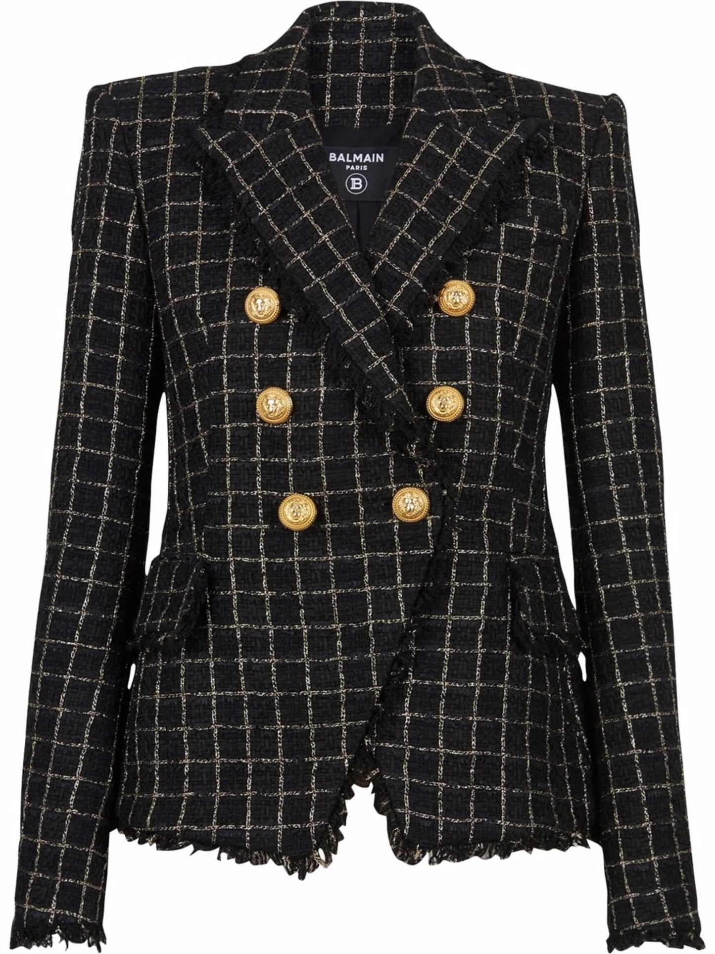double-breasted checked tweed jacket