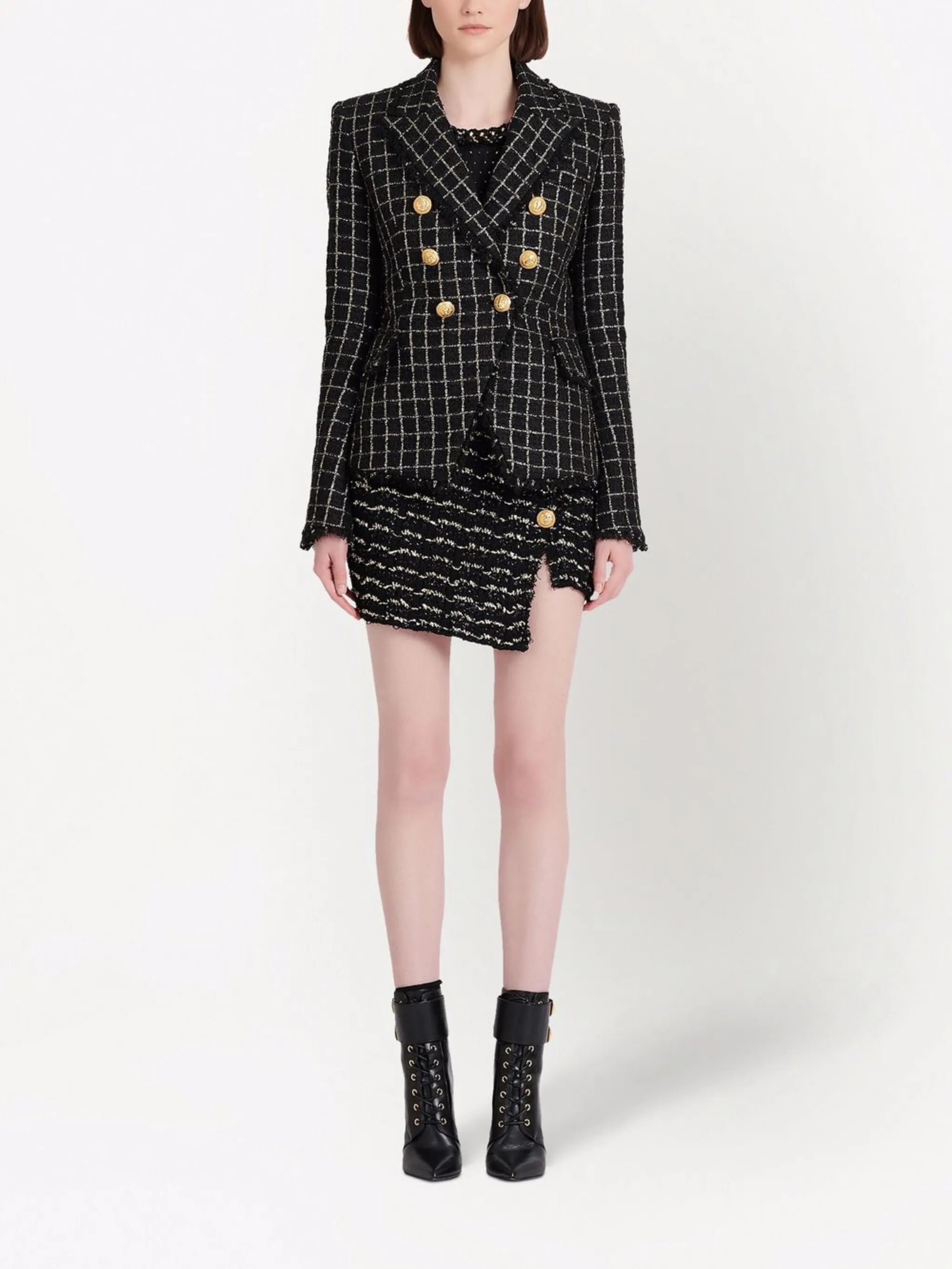 double-breasted checked tweed jacket