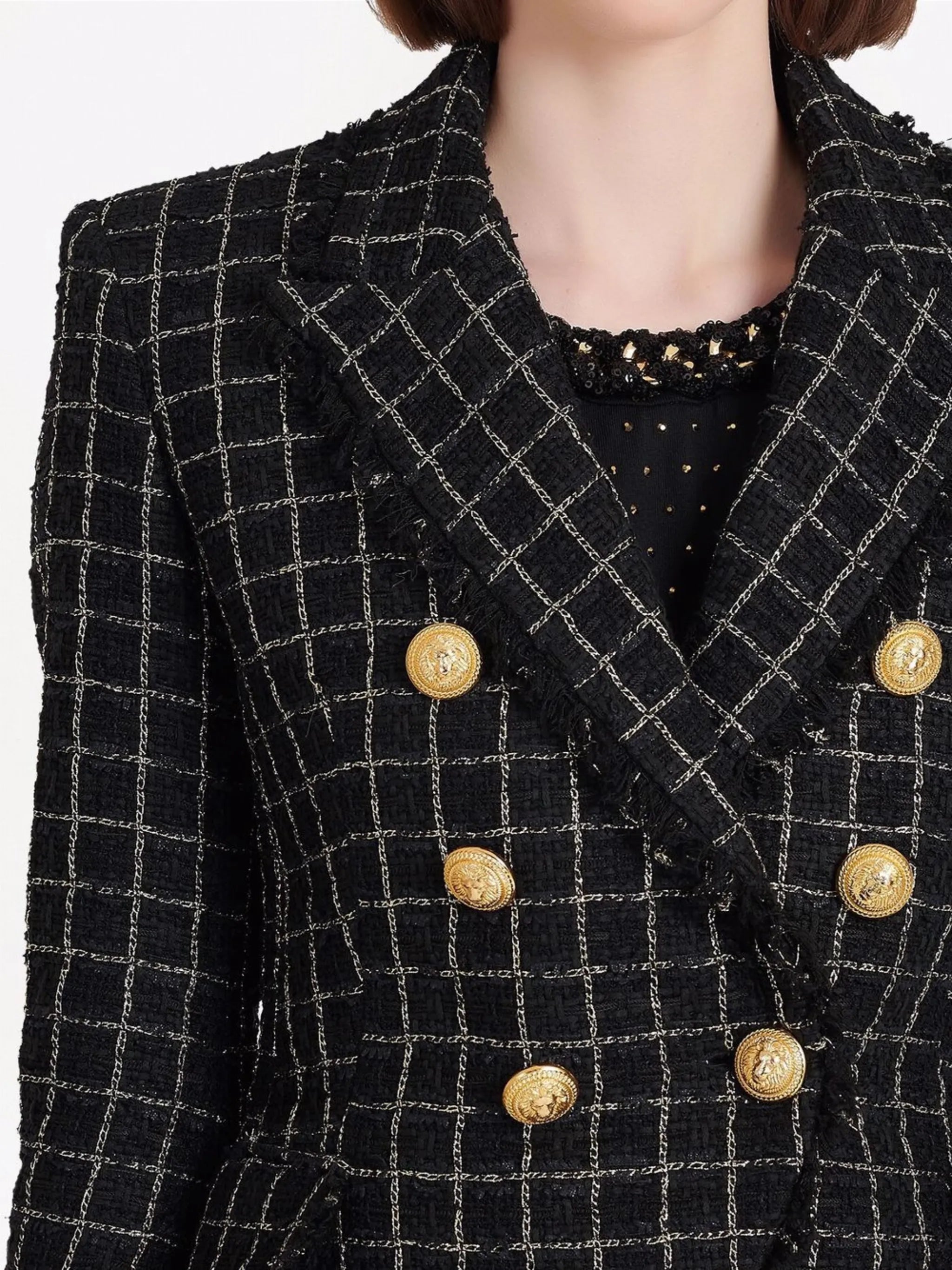 double-breasted checked tweed jacket