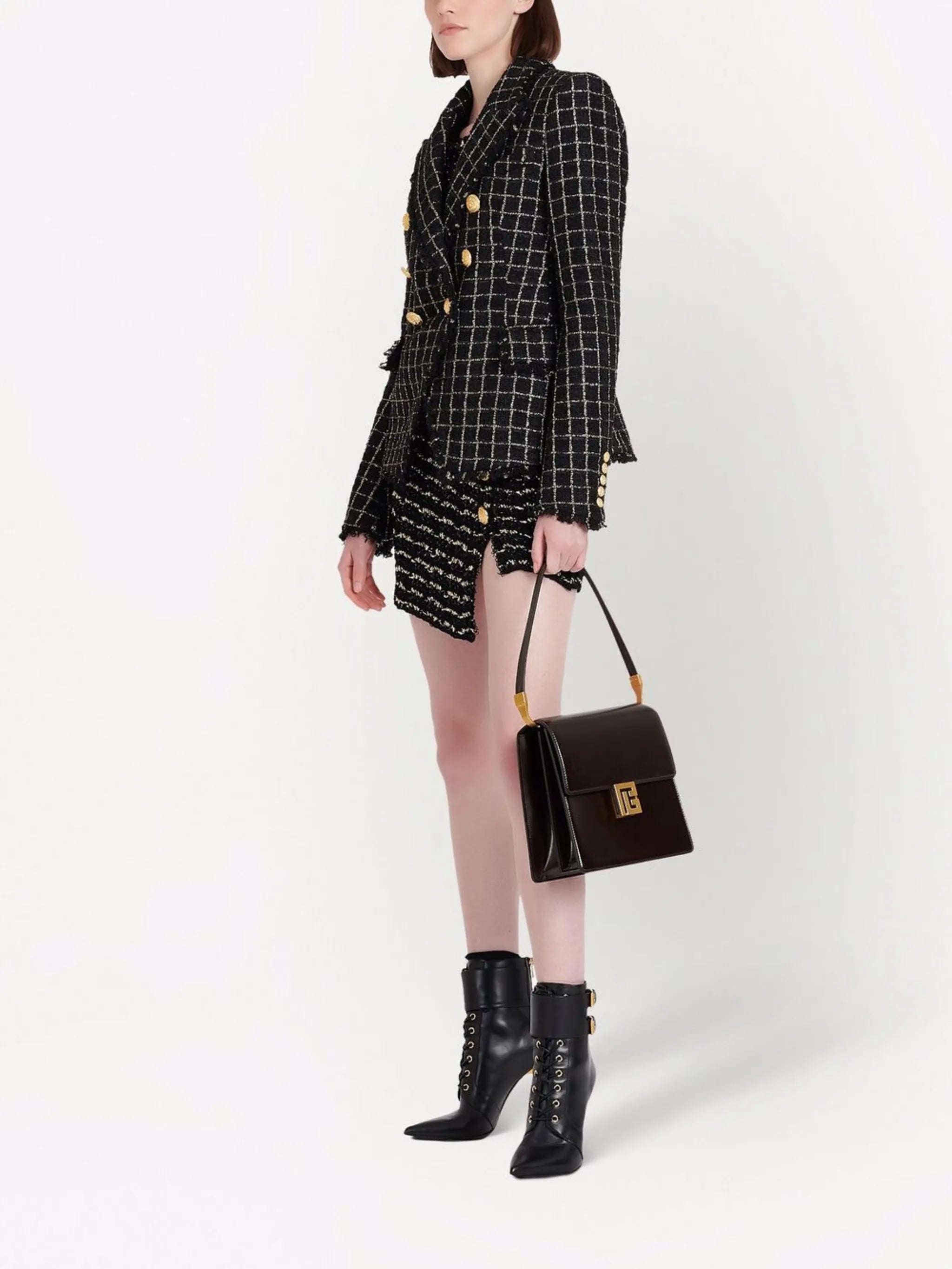 double-breasted checked tweed jacket