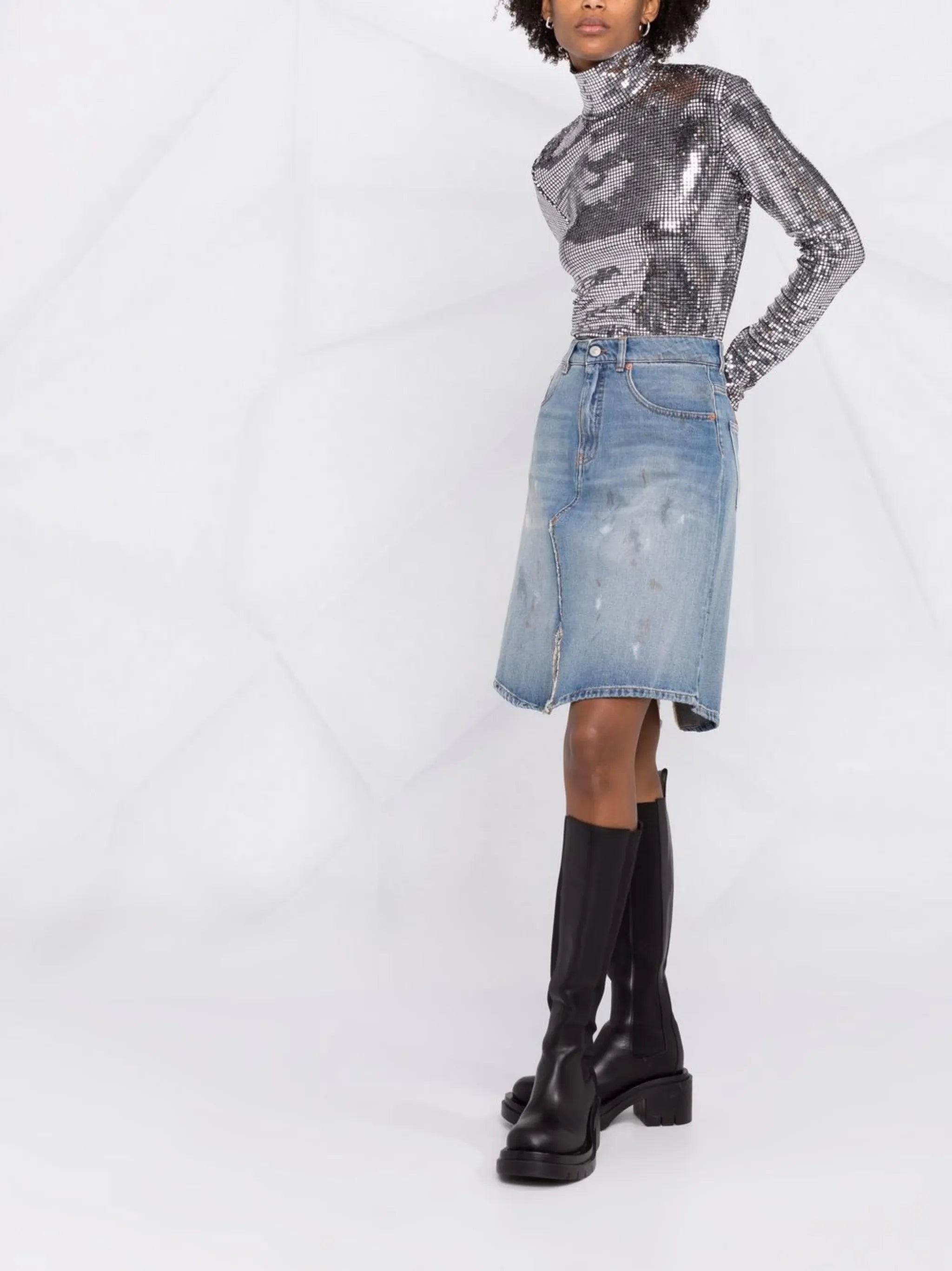 distressed A-line denim skirt