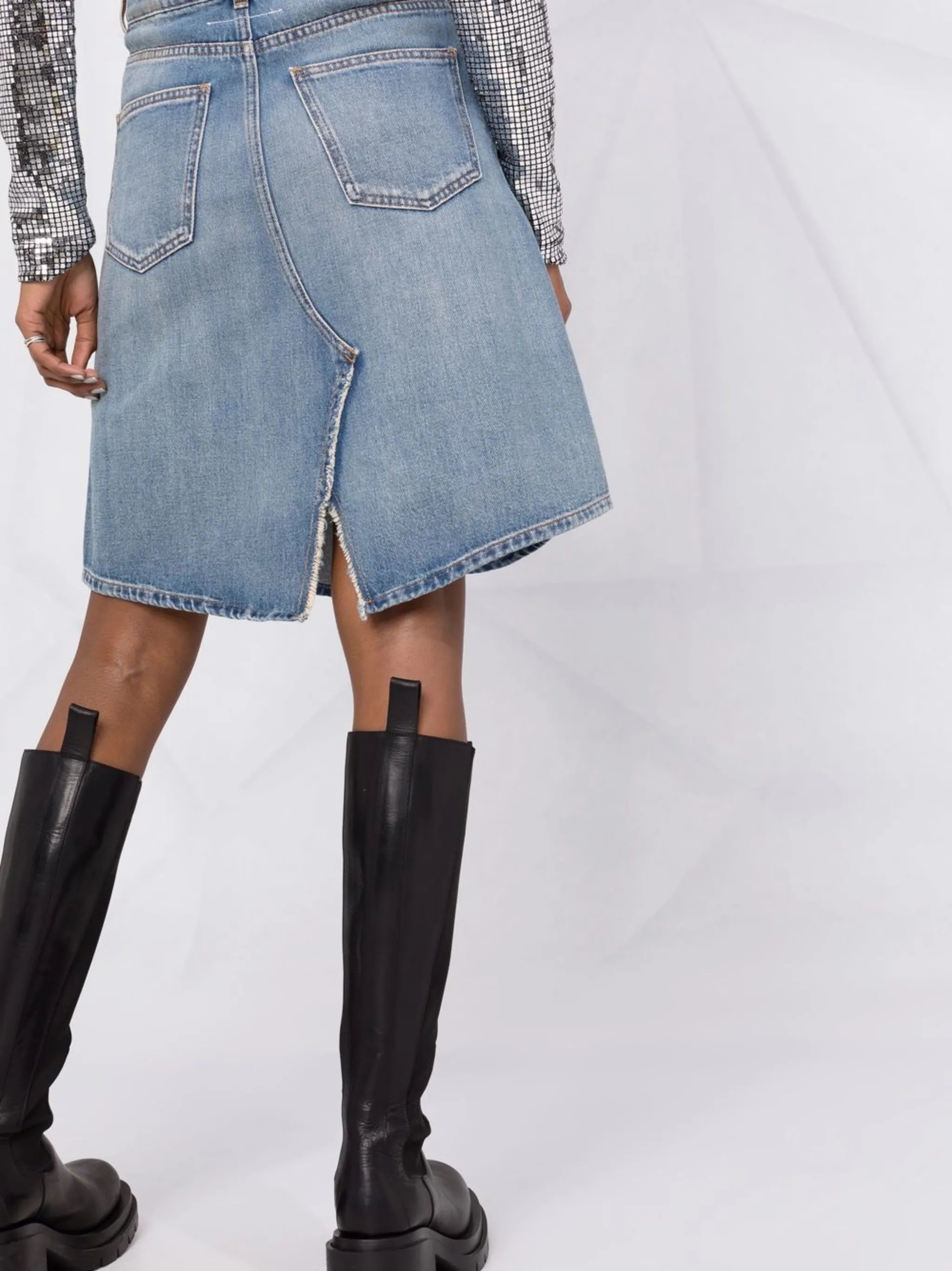 distressed A-line denim skirt