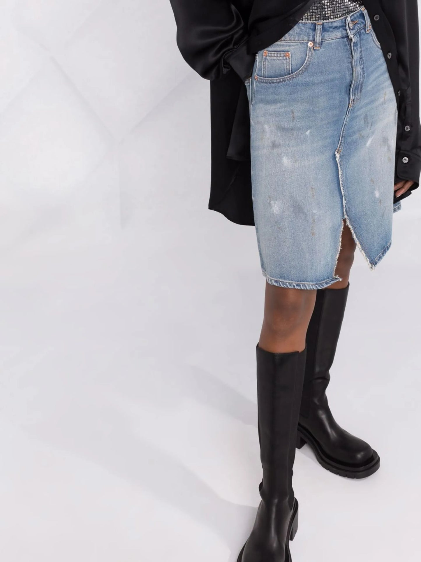 distressed A-line denim skirt
