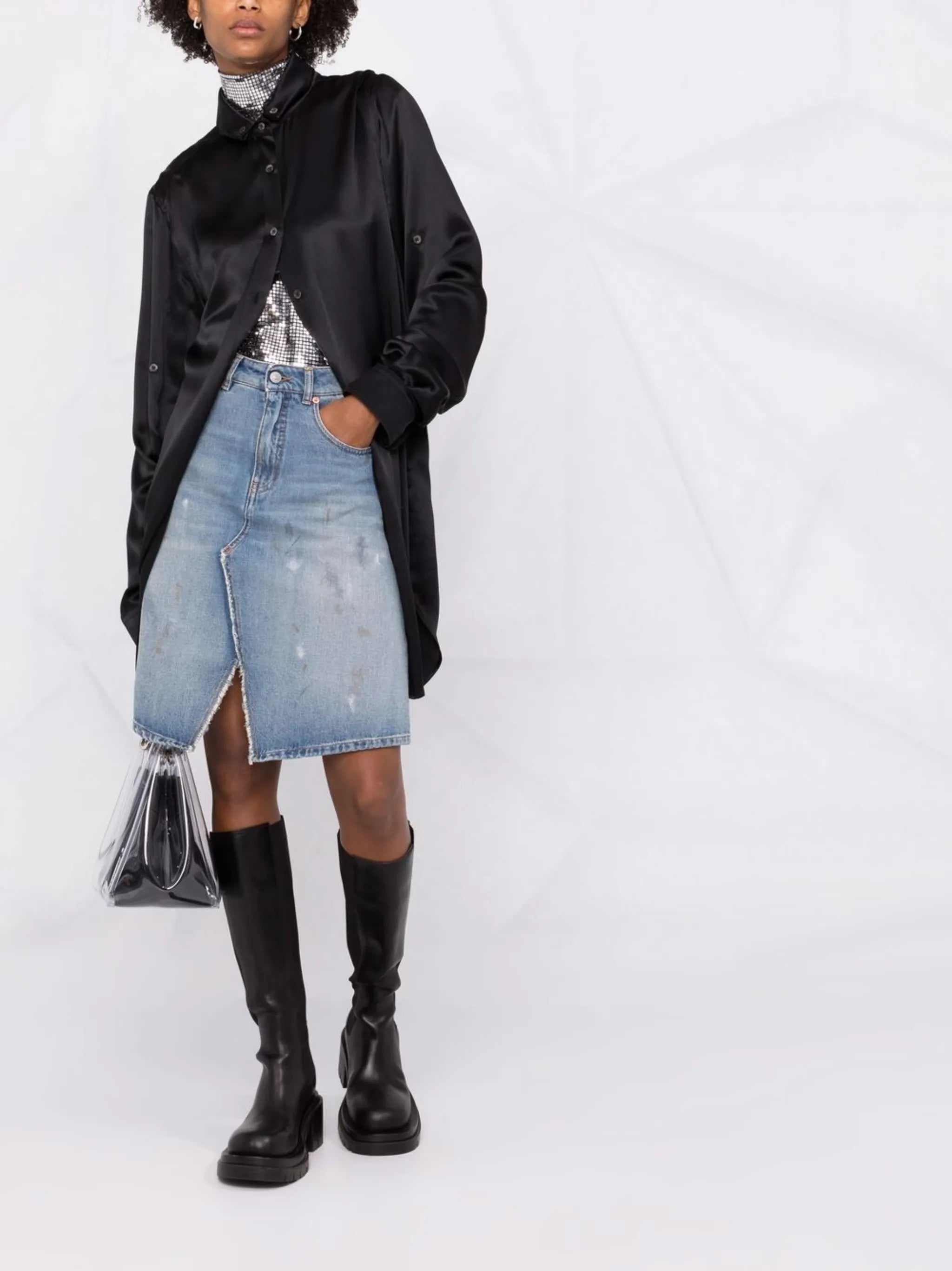 distressed A-line denim skirt