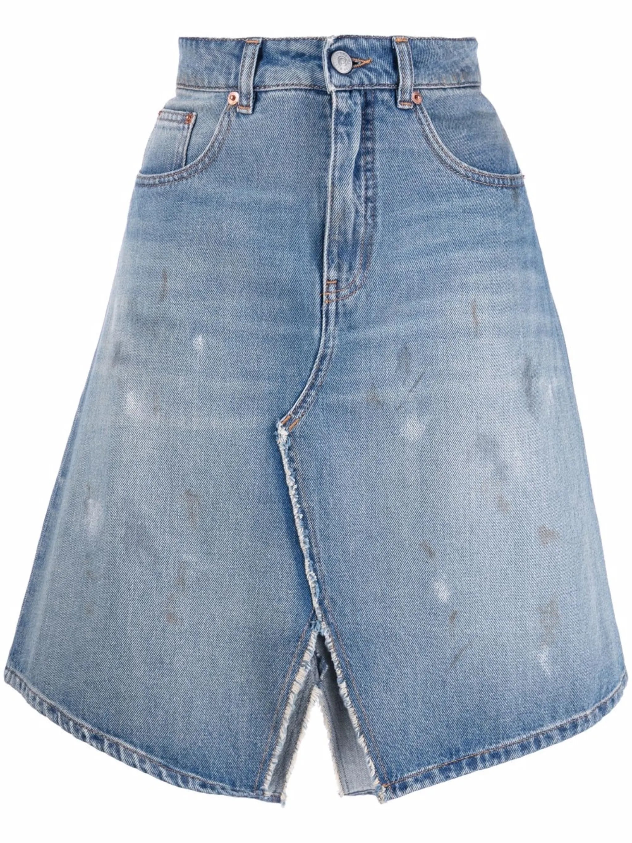 distressed A-line denim skirt