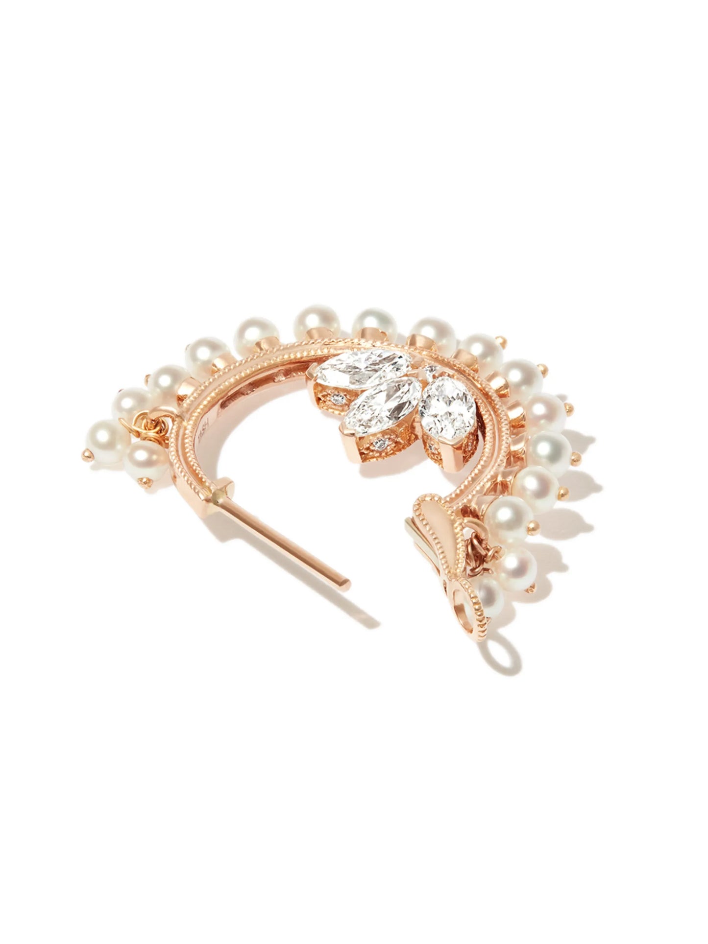 18K rose gold Cornet pearl and diamond hoop earring