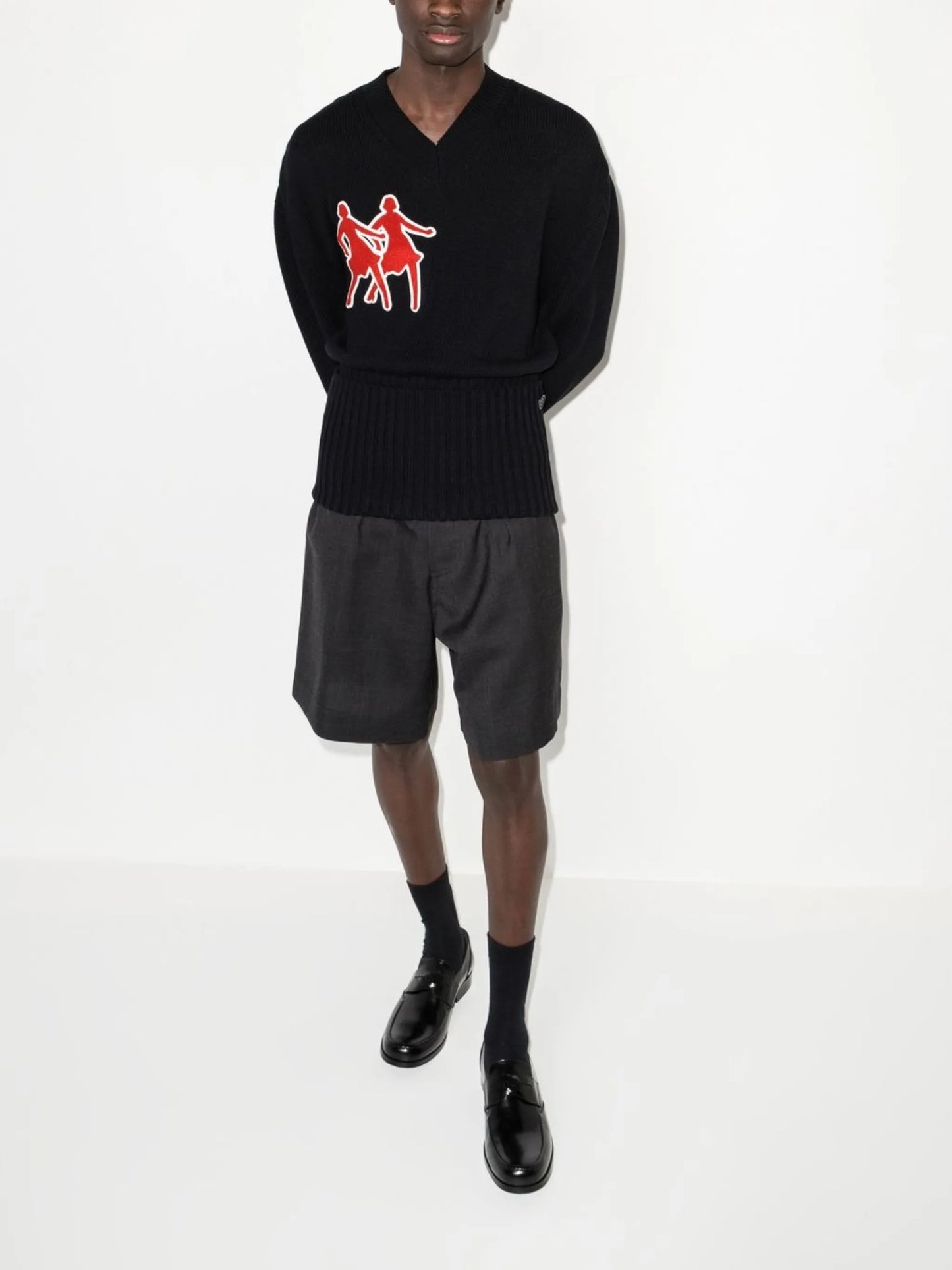 flocked-motif V-neck jumper